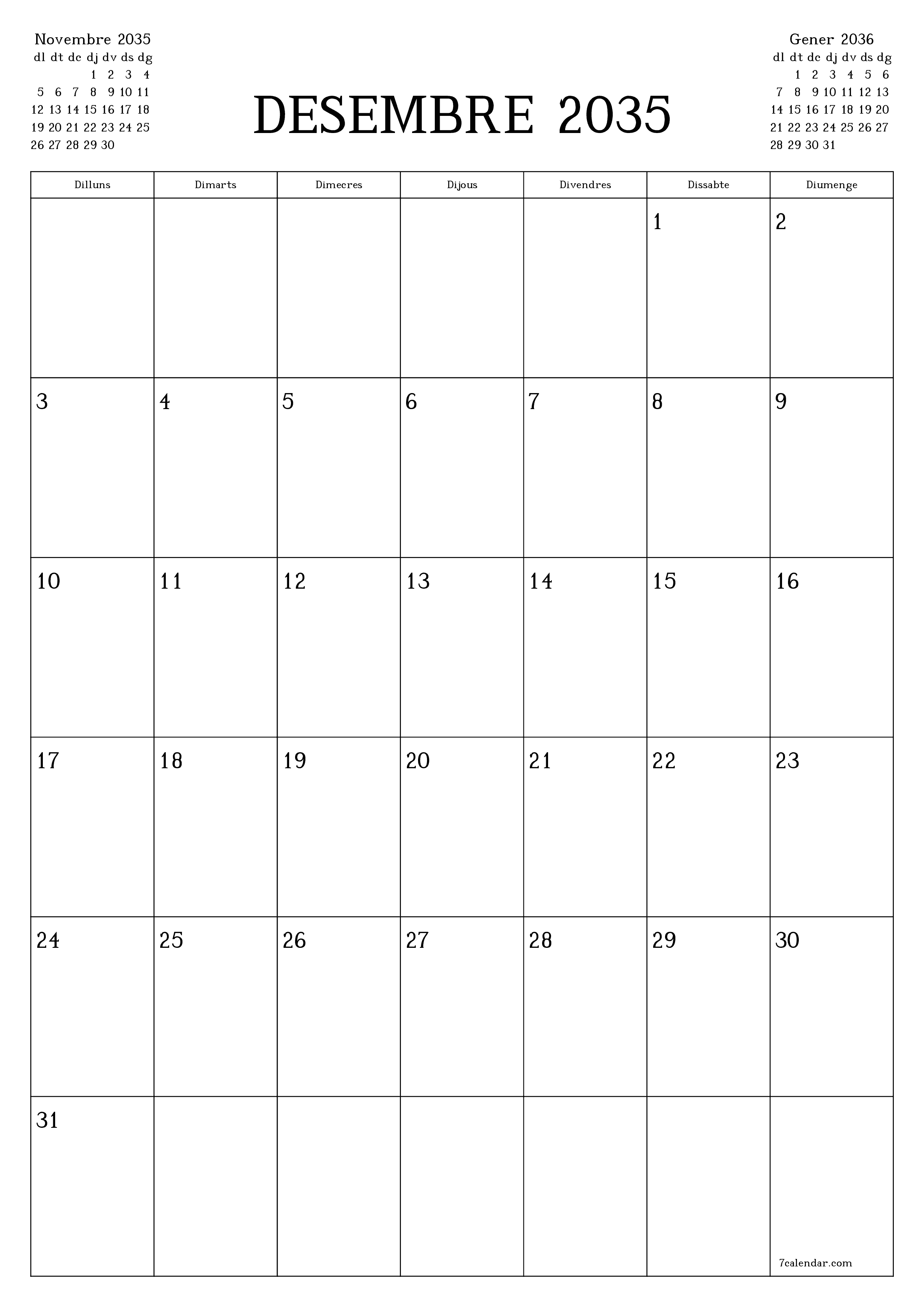  imprimible de paret plantilla de gratuïtvertical Mensual planificador calendari Desembre (Des) 2035