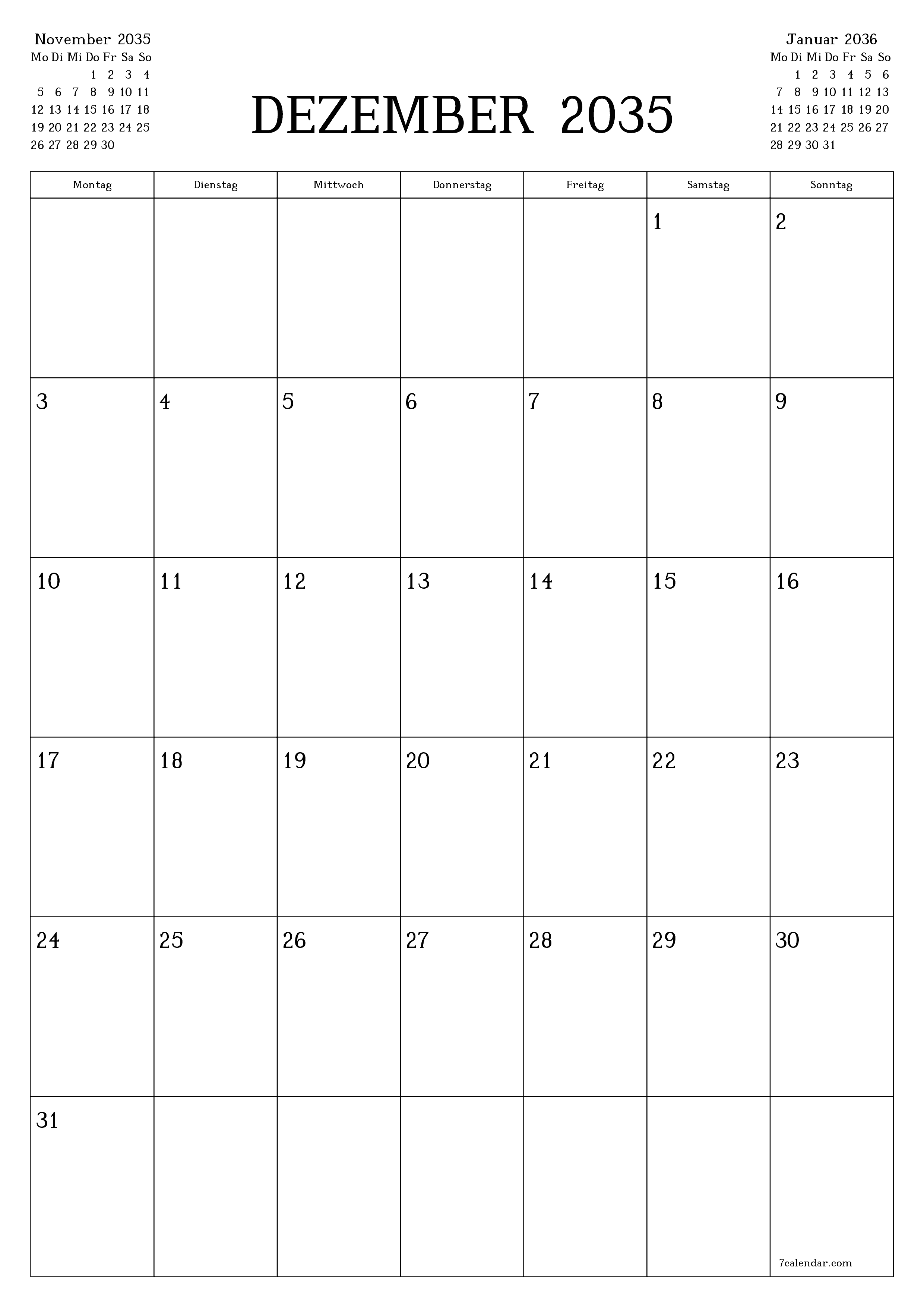  zum Ausdrucken Wandkalender vorlage kostenloser vertikal Monatlich Planer Kalender Dezember (Dez) 2035