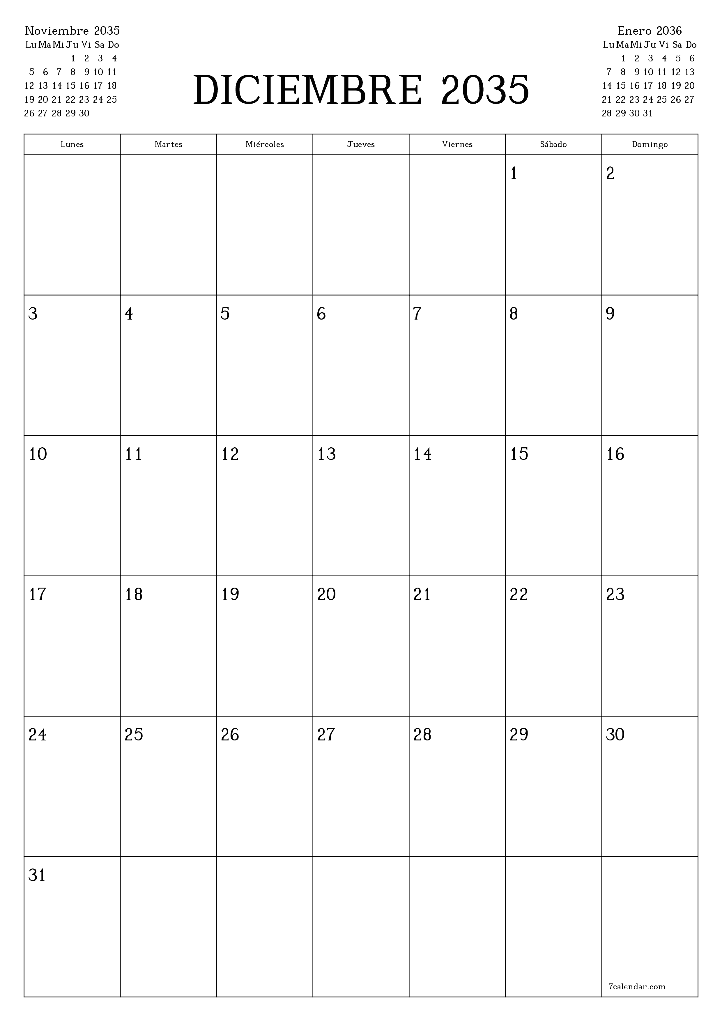  imprimible de pared plantilla de gratisvertical Mensual planificador calendario Diciembre (Dic) 2035