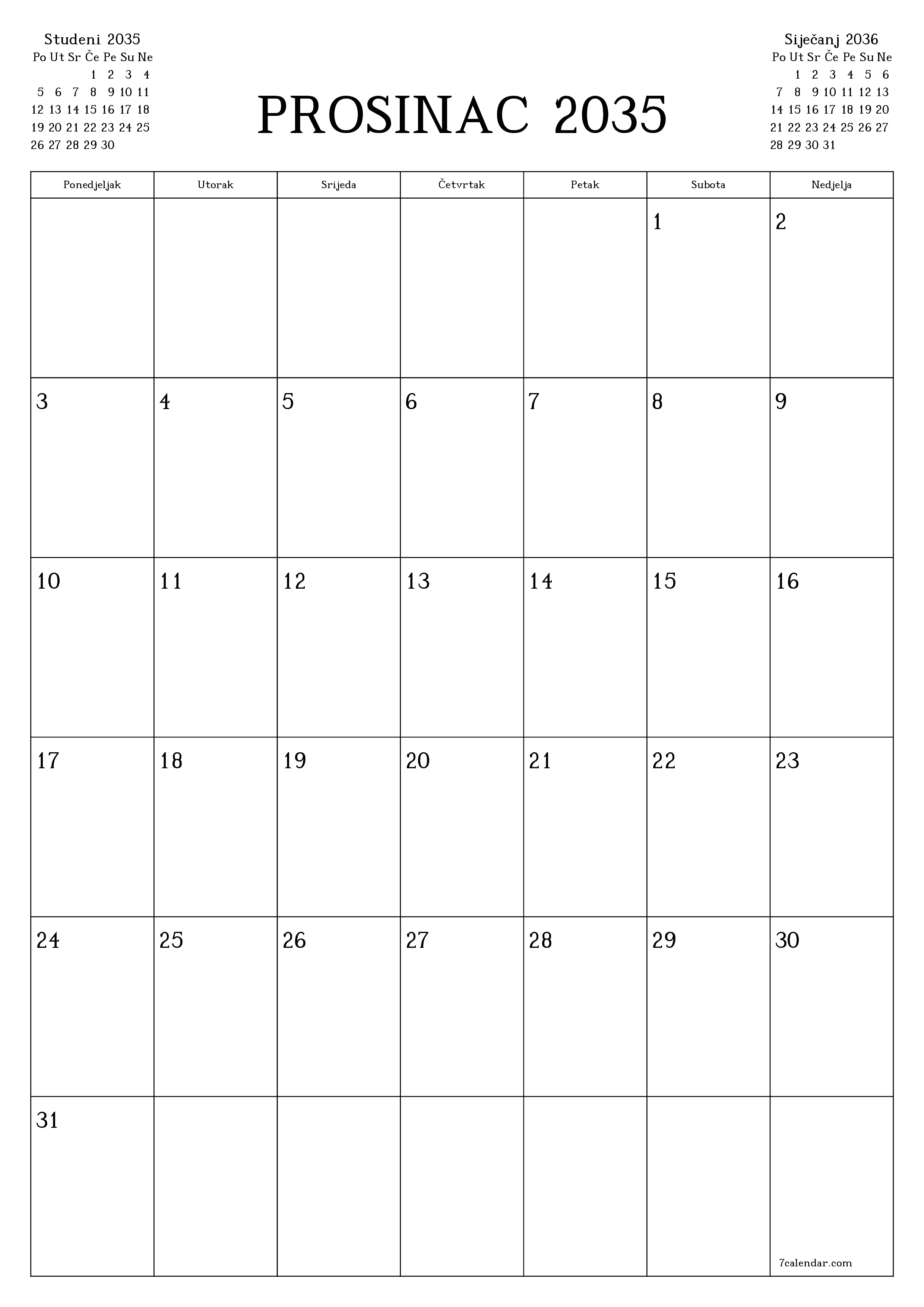  za ispis zidni predložak a besplatni okomito Mjesečni planer kalendar Prosinac (Pro) 2035