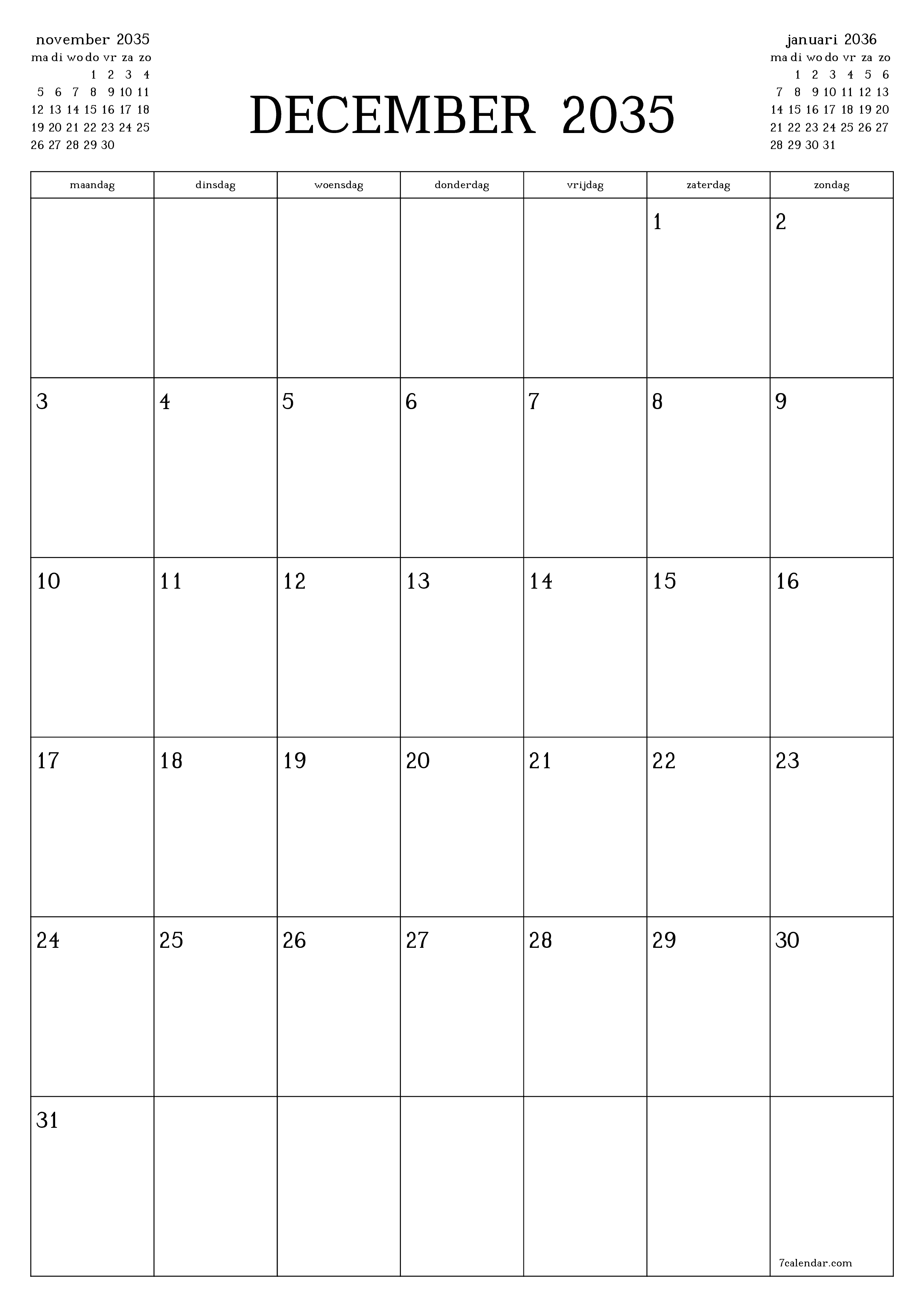 afdrukbare muur sjabloon gratis verticaal Maandelijks planner kalender december (dec) 2035