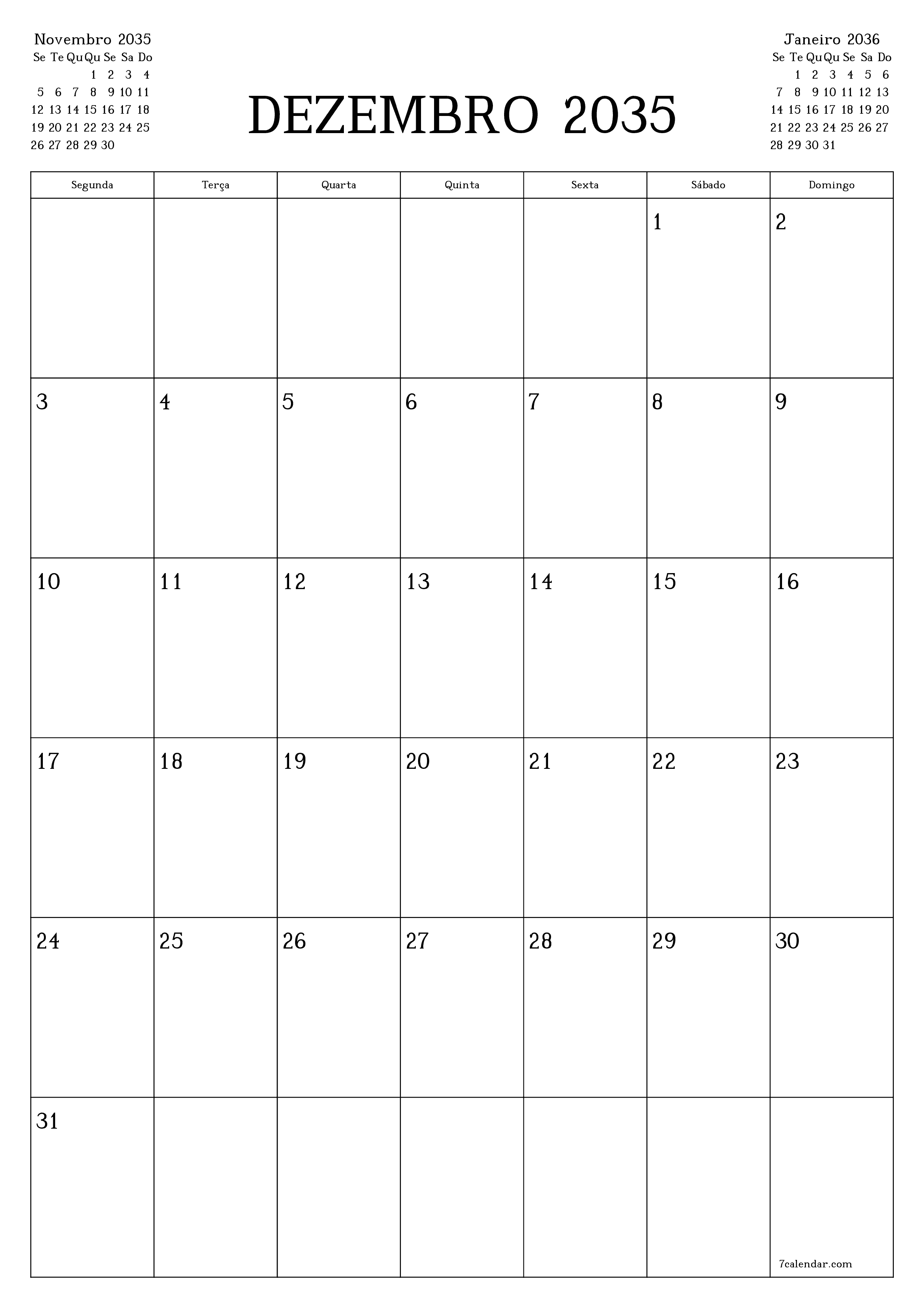  para impressão de parede modelo de grátisvertical Mensal planejador calendário Dezembro (Dez) 2035