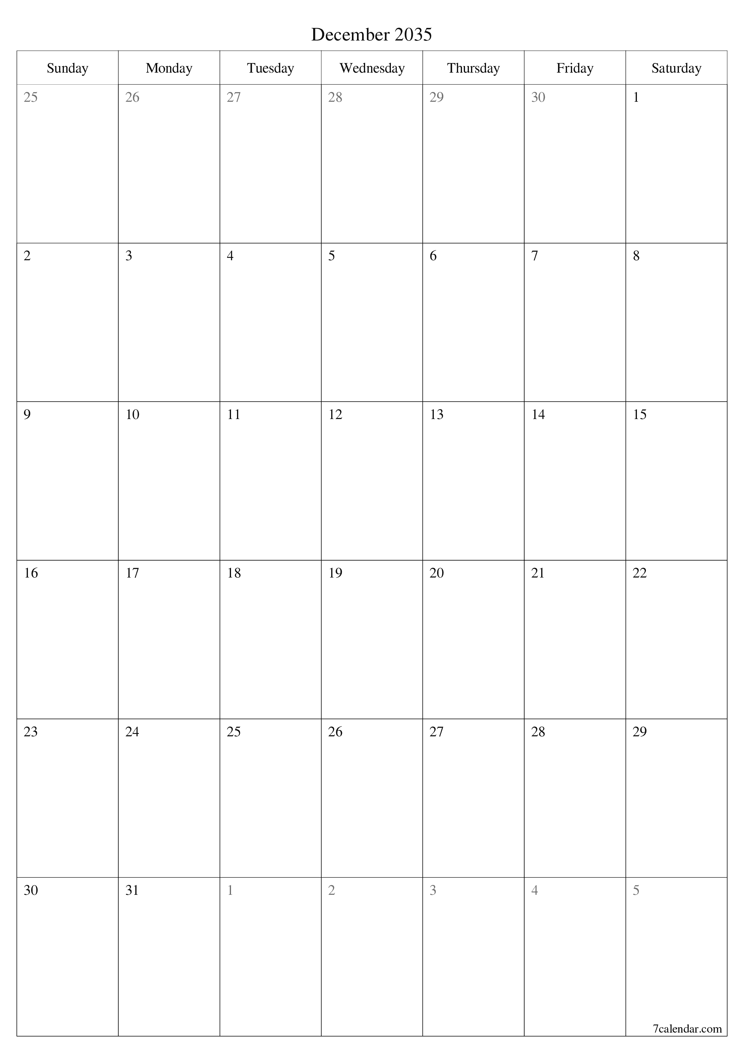 printable wall template free vertical Monthly planner calendar December (Dec) 2035