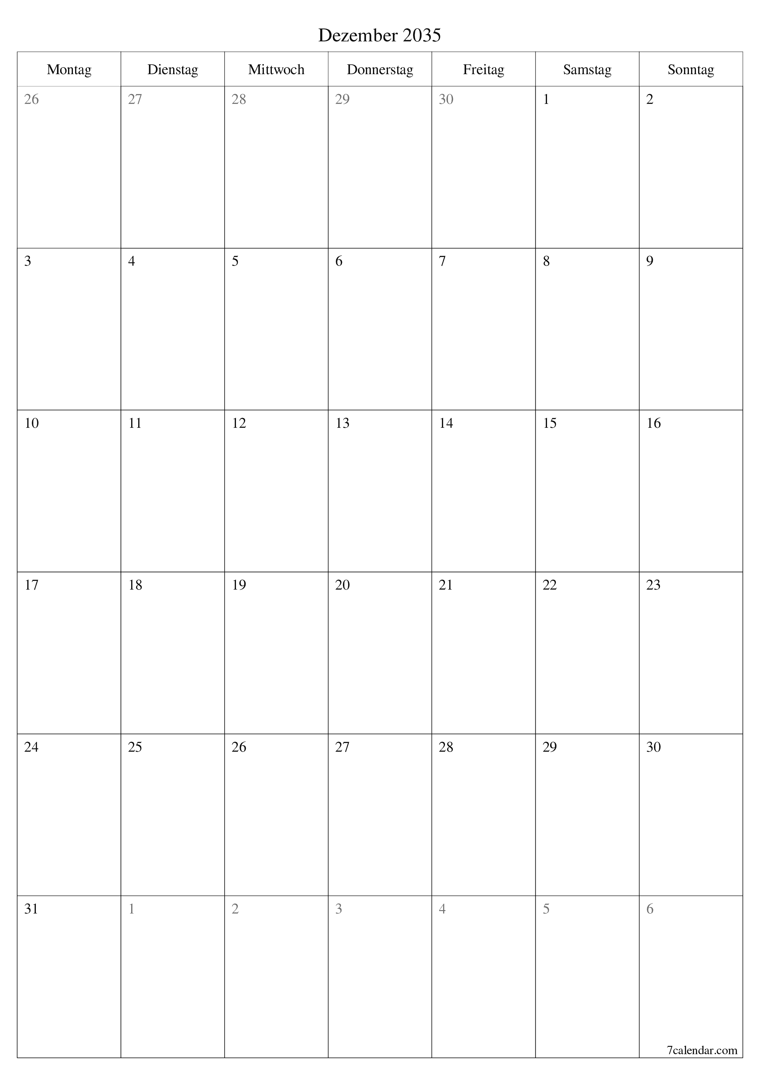  zum Ausdrucken Wandkalender vorlage kostenloser vertikal Monatlich Planer Kalender Dezember (Dez) 2035