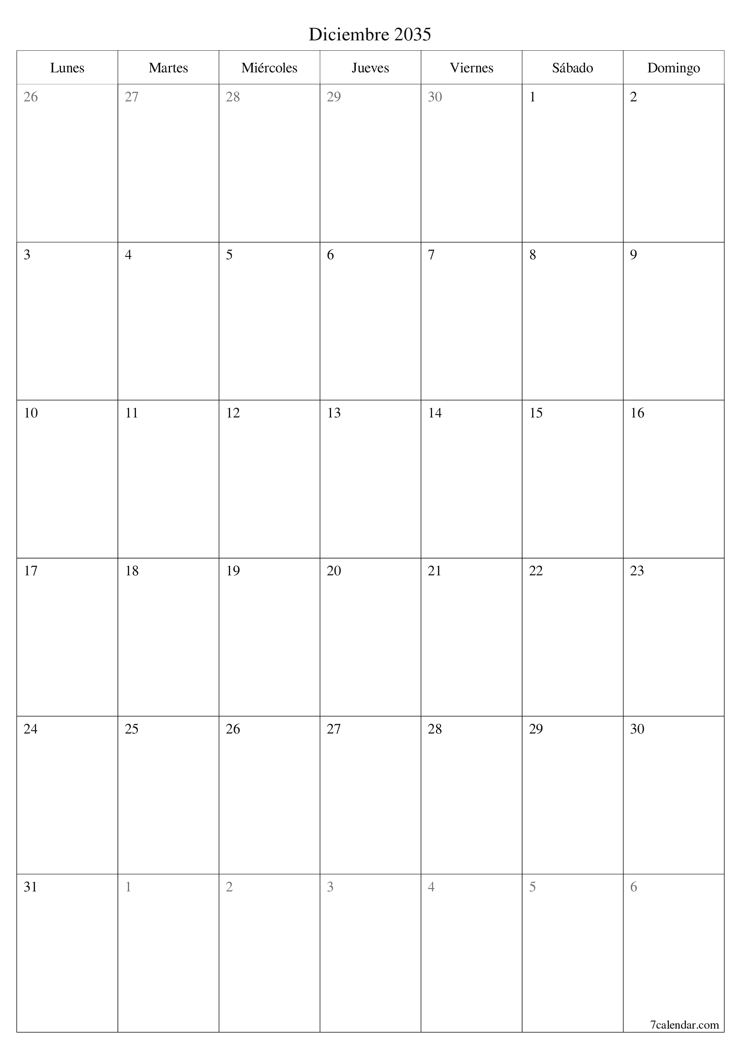  imprimible de pared plantilla de gratisvertical Mensual planificador calendario Diciembre (Dic) 2035