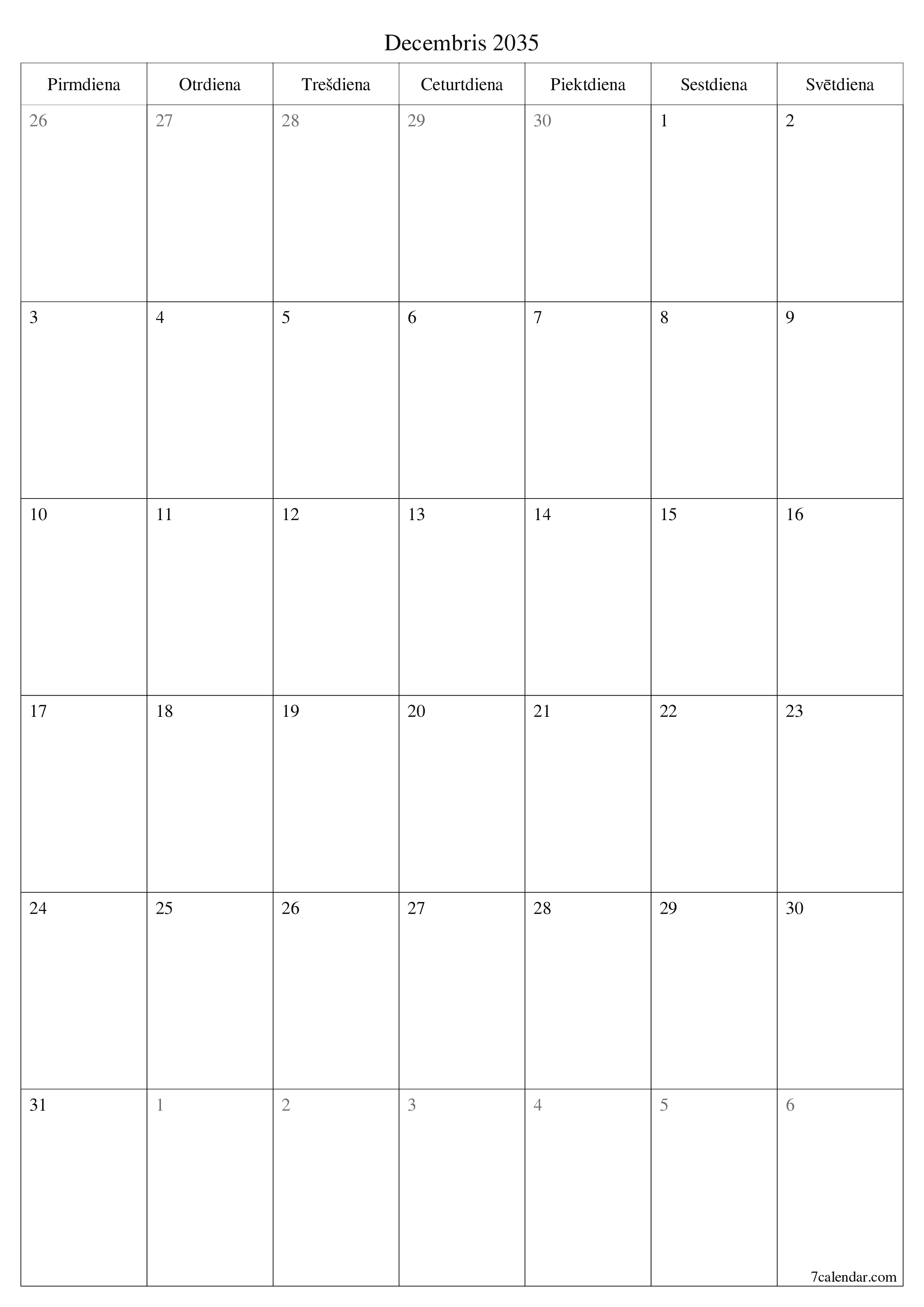 izdrukājams sienas kalendāra veidne bezmaksas vertikāli Mēneša plānotājs kalendārs Decembris (Dec) 2035