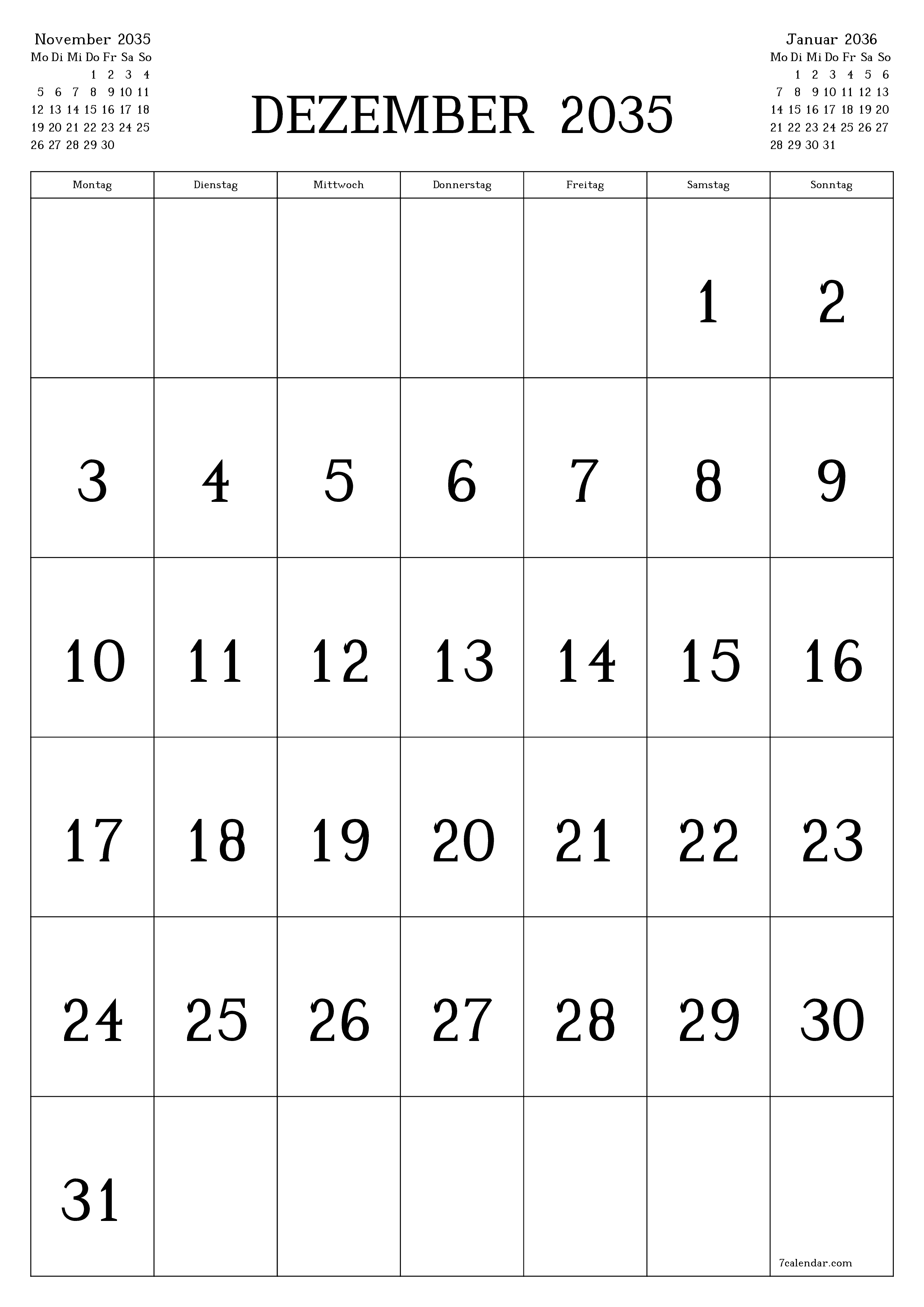  zum Ausdrucken Wandkalender vorlage kostenloser vertikal Monatlich Kalender Dezember (Dez) 2035
