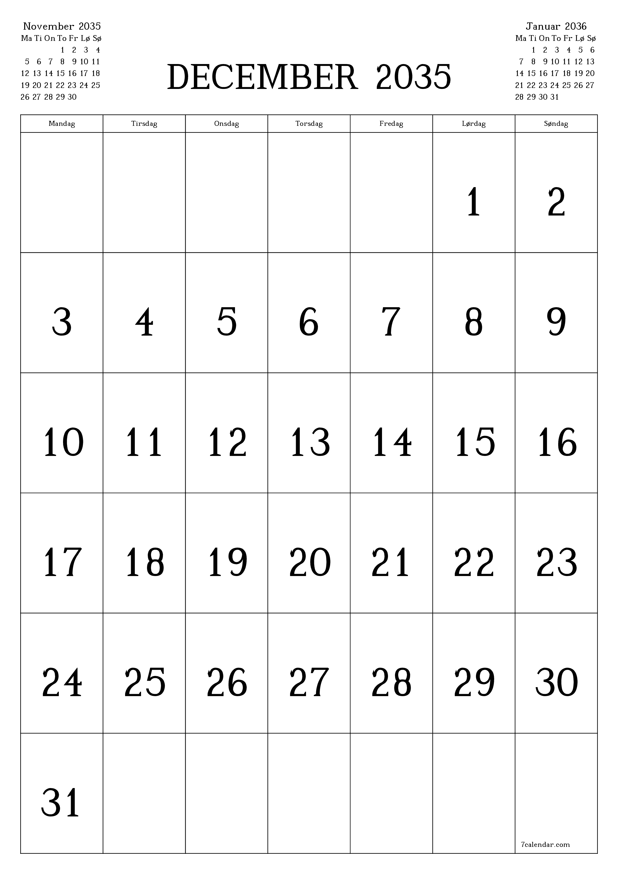 udskrivbar væg skabelon gratis lodret Månedlig kalender December (Dec) 2035