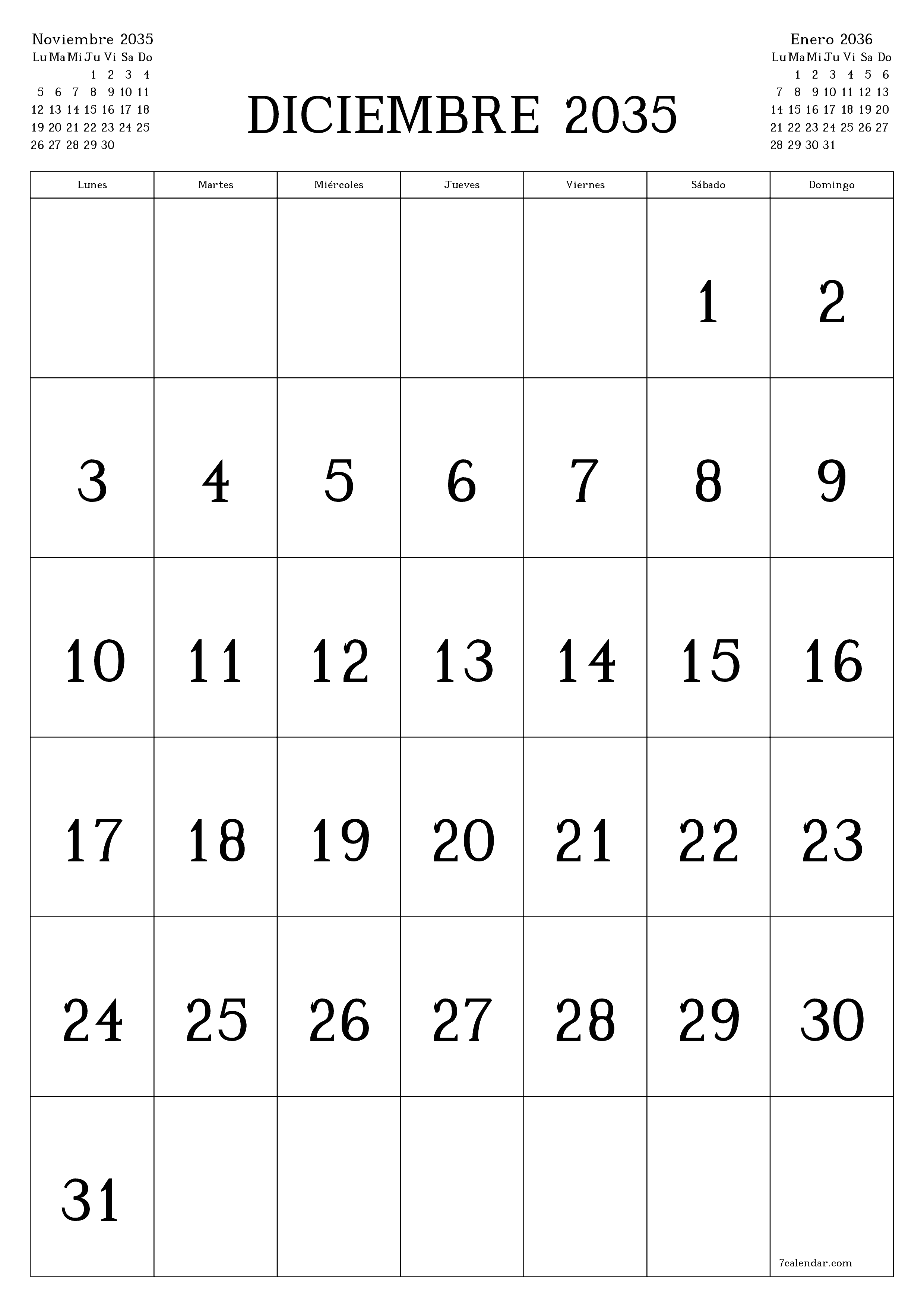  imprimible de pared plantilla de gratisvertical Mensual calendario Diciembre (Dic) 2035