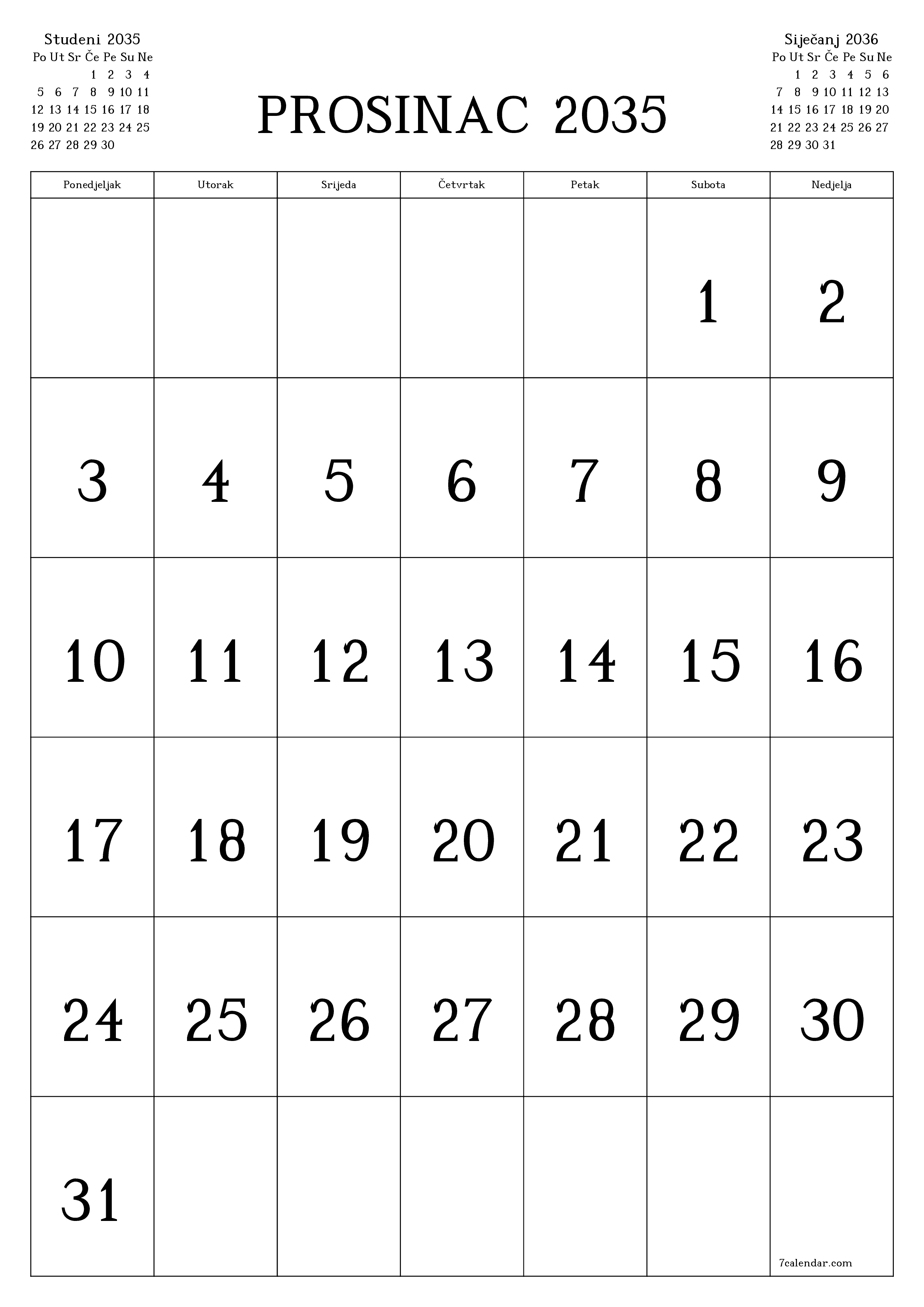  za ispis zidni predložak a besplatni okomito Mjesečni kalendar Prosinac (Pro) 2035