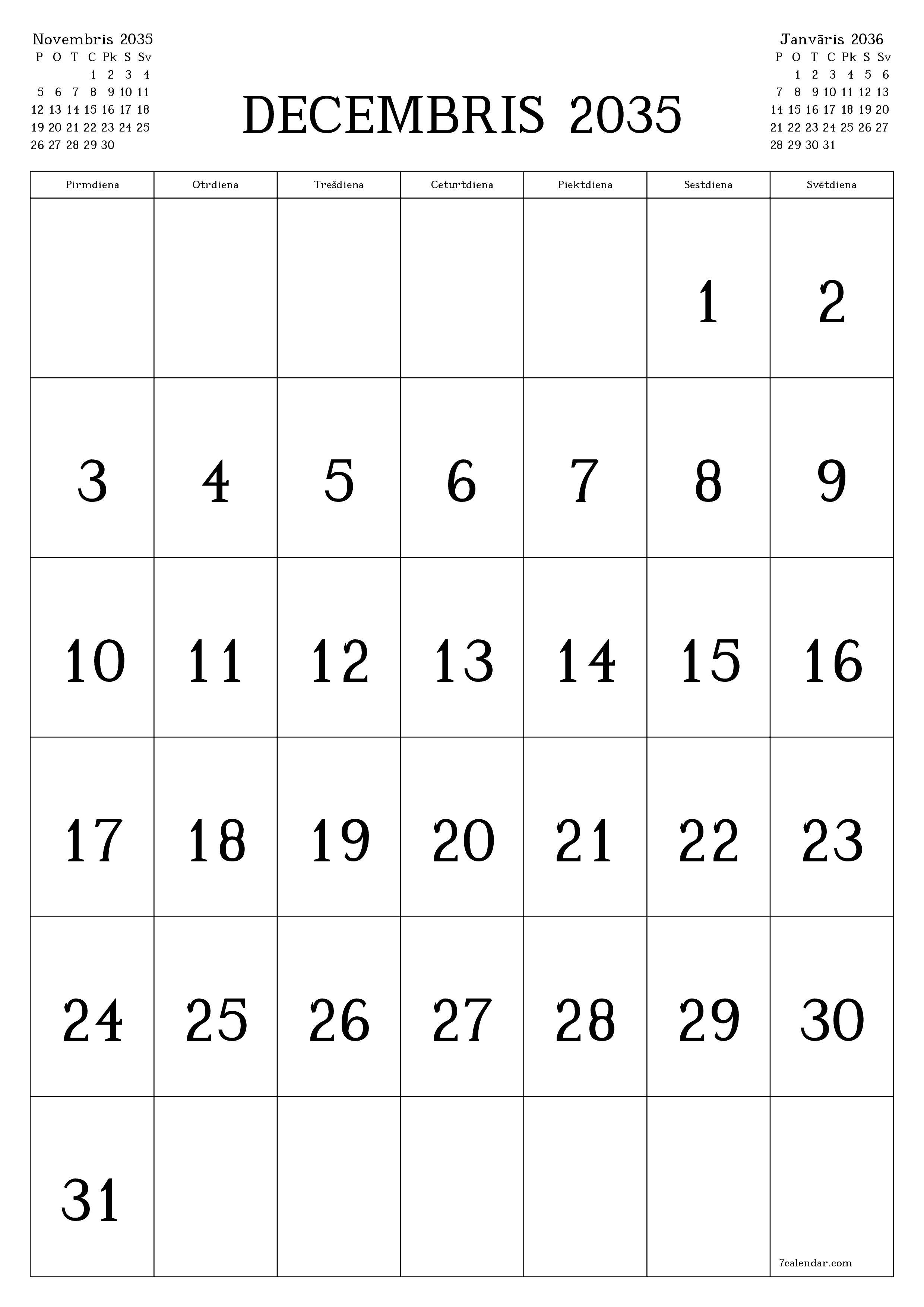 izdrukājams sienas kalendāra veidne bezmaksas vertikāli Mēneša kalendārs Decembris (Dec) 2035