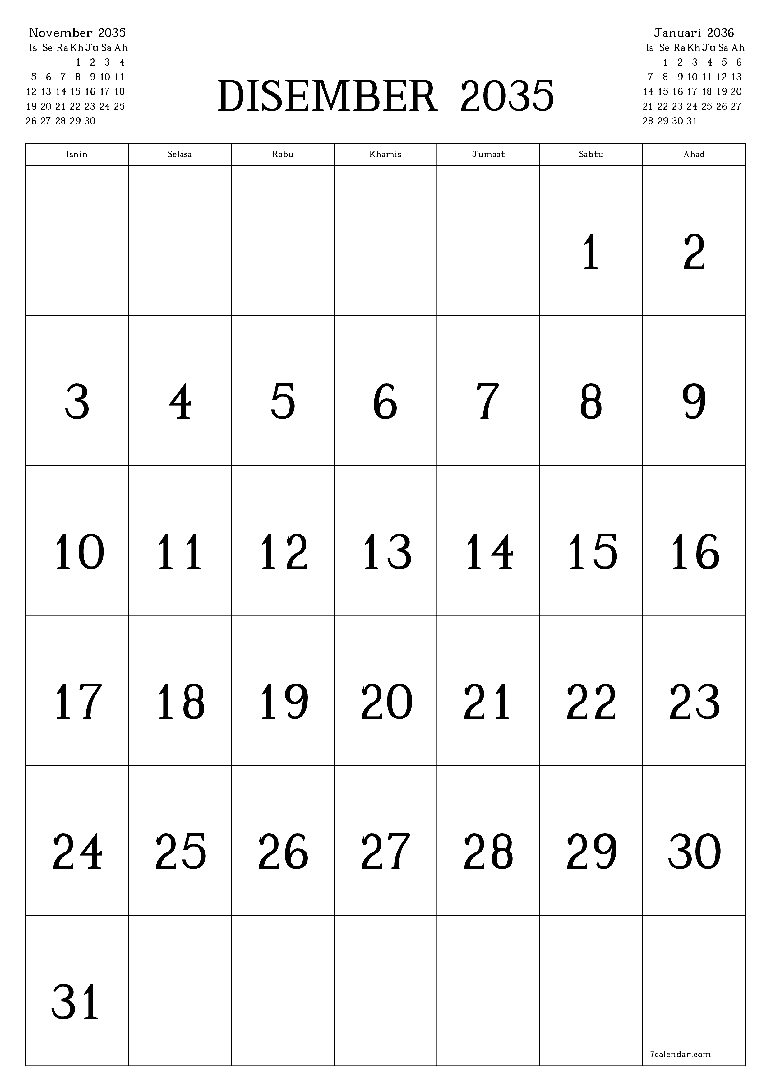  boleh cetak dinding templat percumamenegak Bulanan kalendar Disember (Dis) 2035
