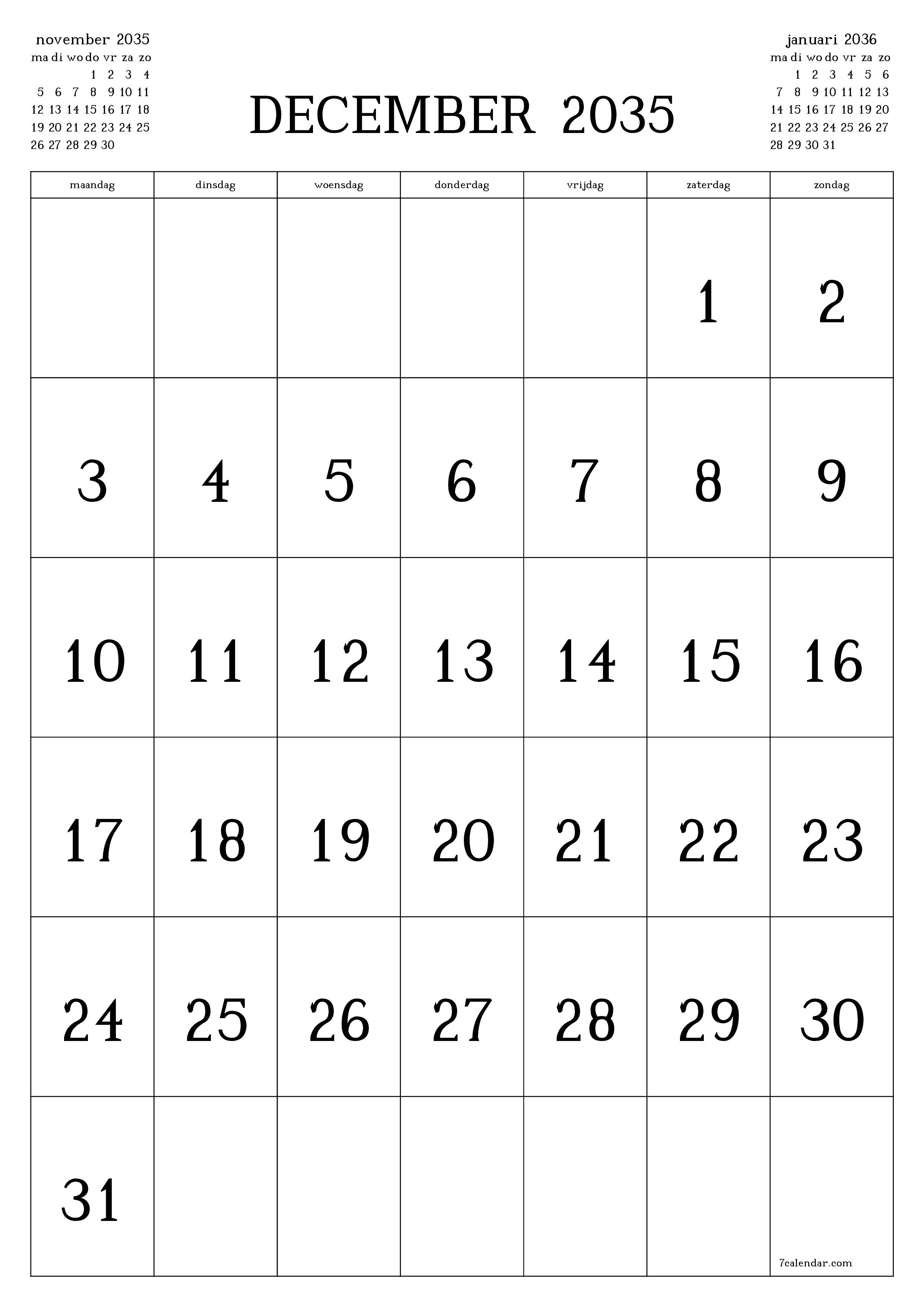 afdrukbare muur sjabloon gratis verticaal Maandelijks kalender december (dec) 2035