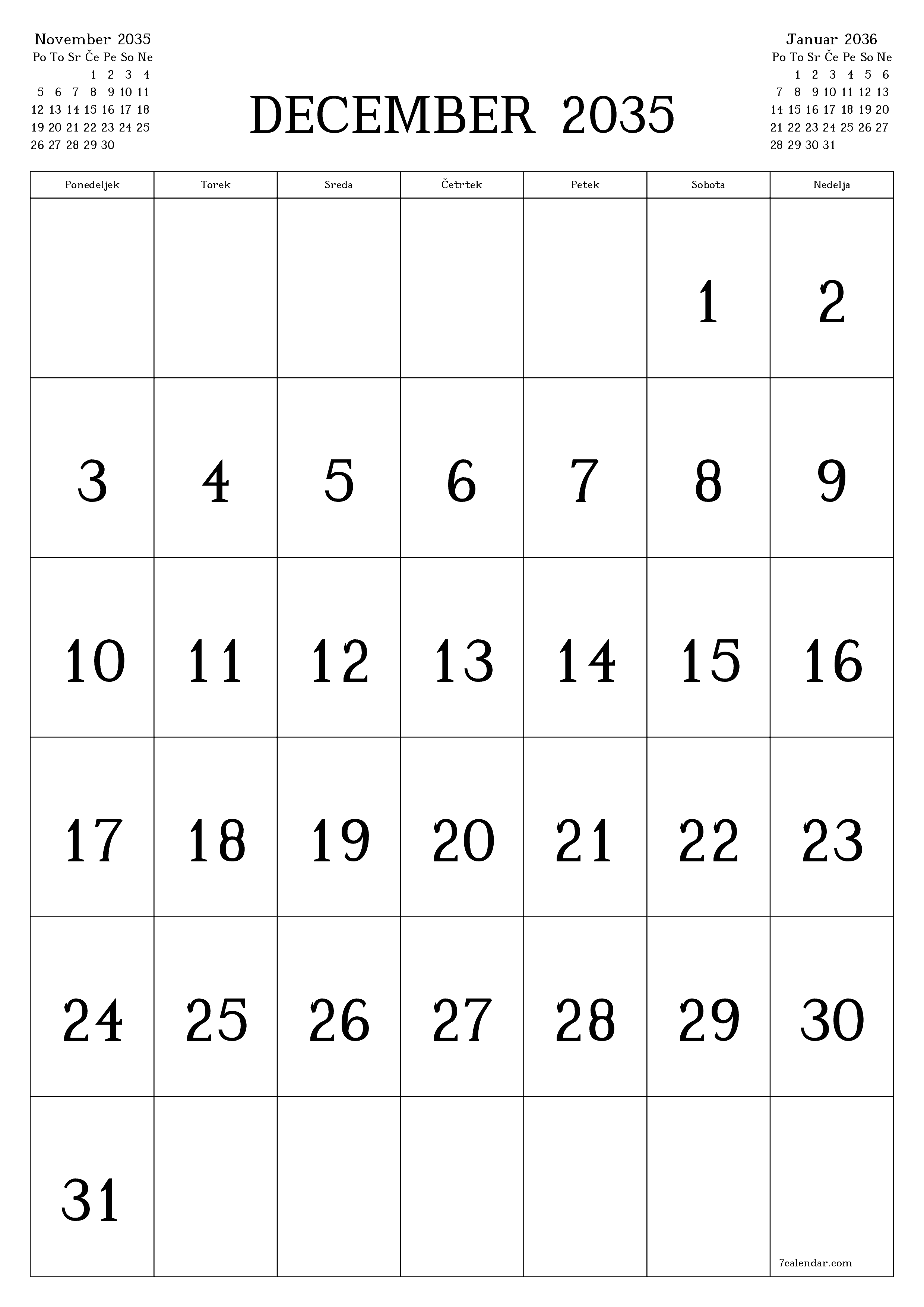 natisljiv stenski ska predloga brezplačni vertical Mesečno koledar December (Dec) 2035