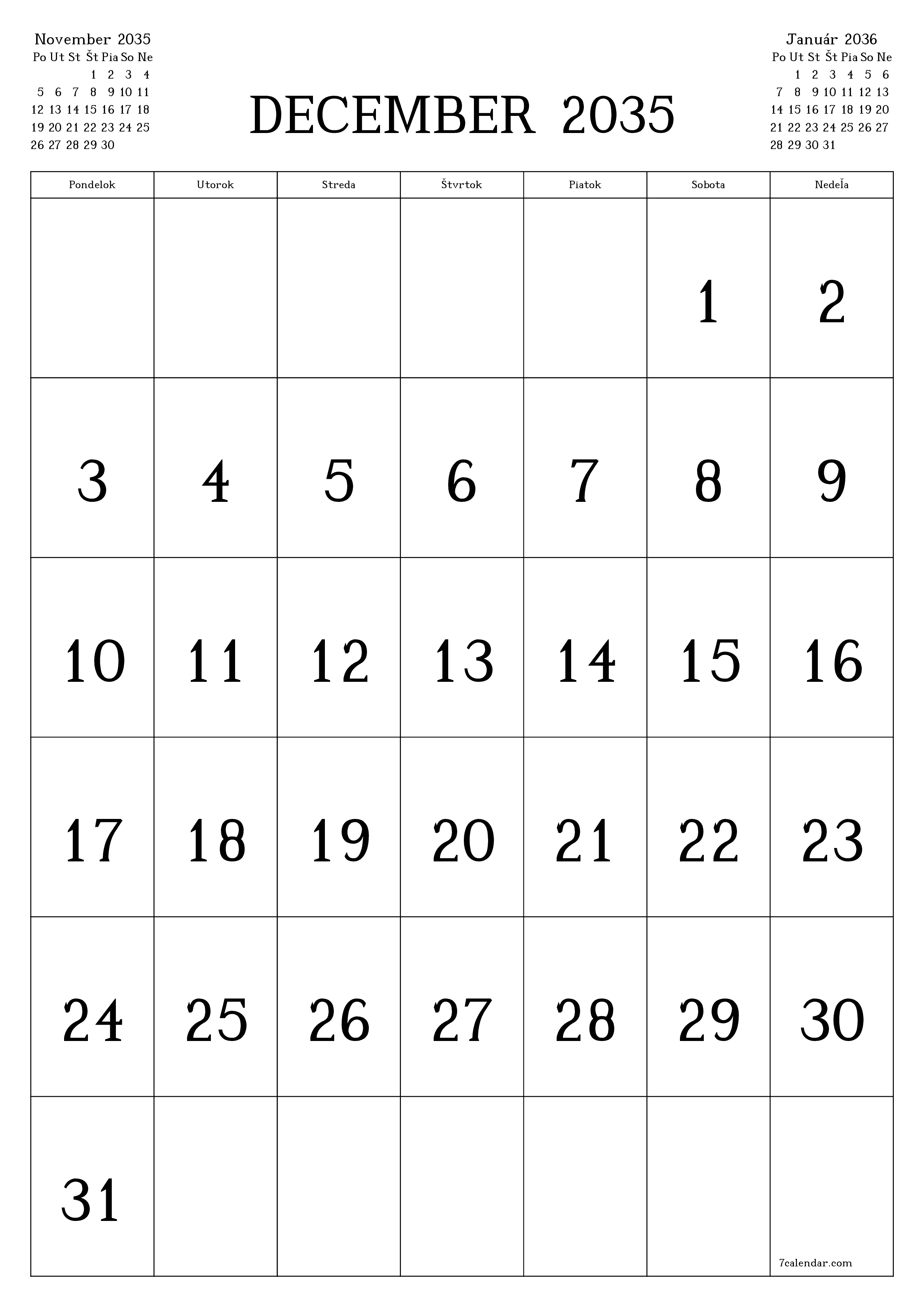 vytlačiteľný nástenný šablóna a bezplatný вертикальный Mesačne kalendár December (Dec) 2035