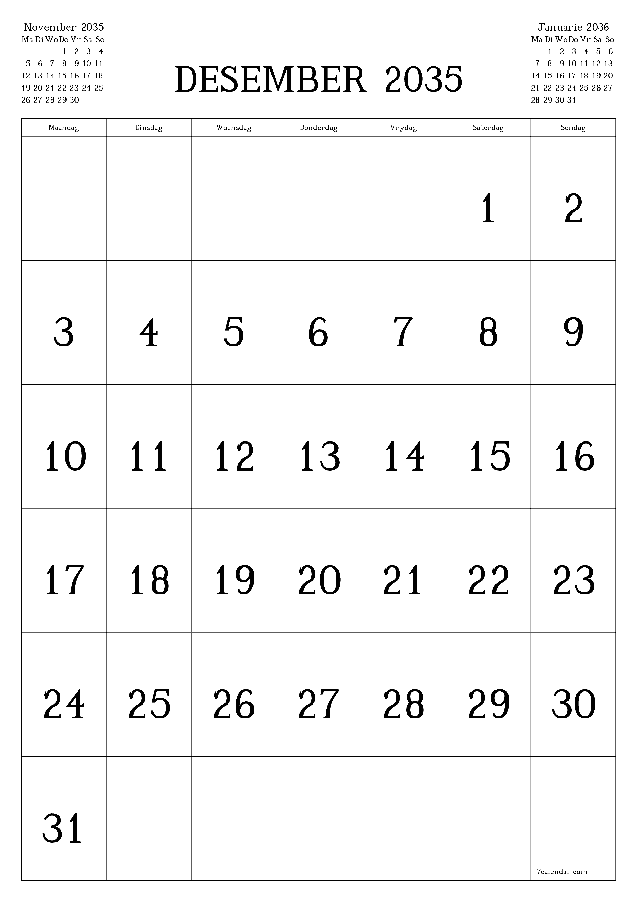 drukbare muur template gratis vertikaal Maandeliks kalender Desember (Des) 2035