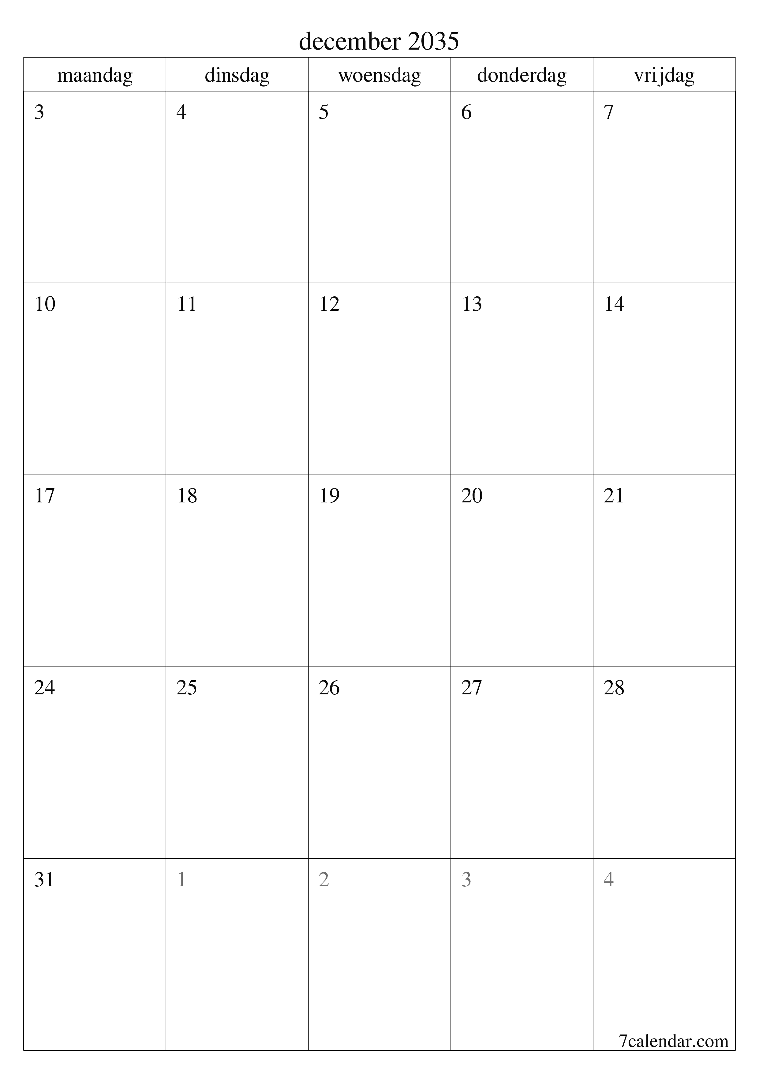 afdrukbare muur sjabloon gratis verticaal Maandelijks planner kalender december (dec) 2035