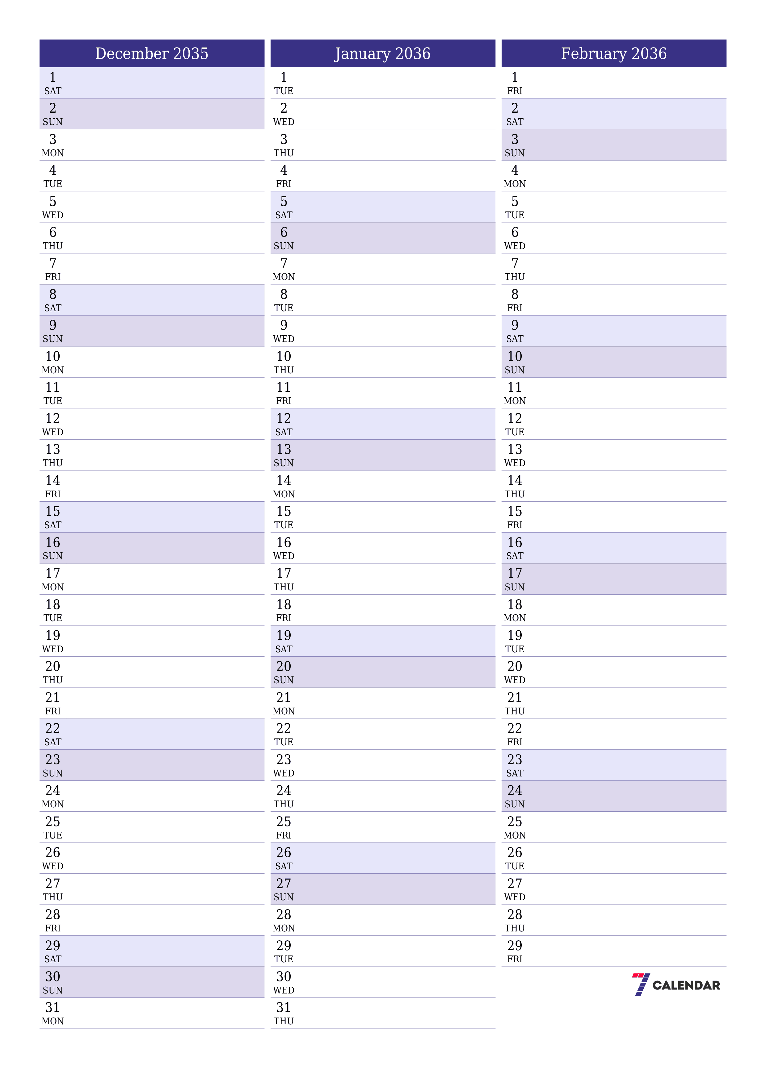 Blank calendar December 2035