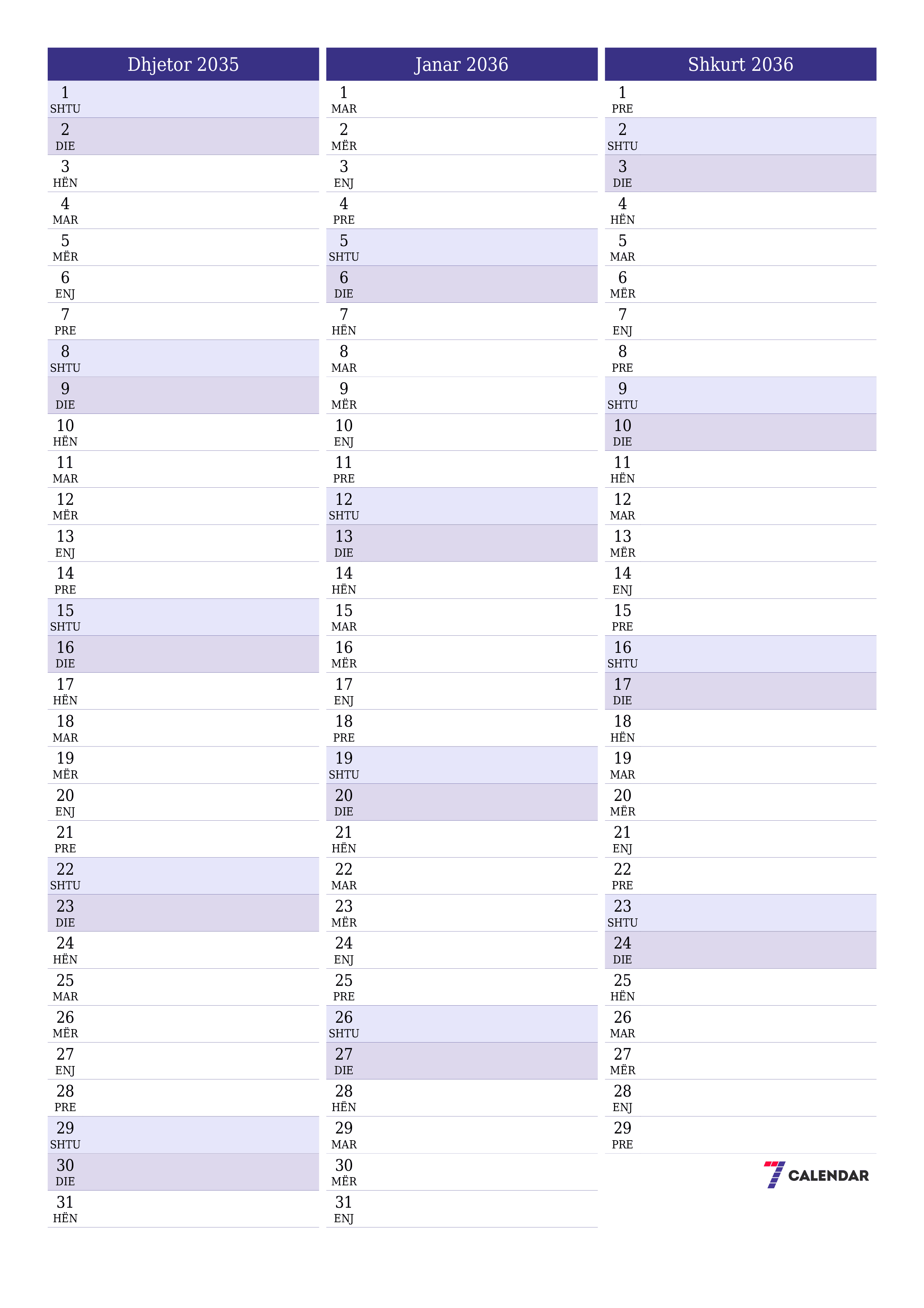 Planifikuesi i zbrazët i kalendarit mujor për muajin Dhjetor 2035 me shënime të ruajtura dhe të printuara në PDF PNG Albanian