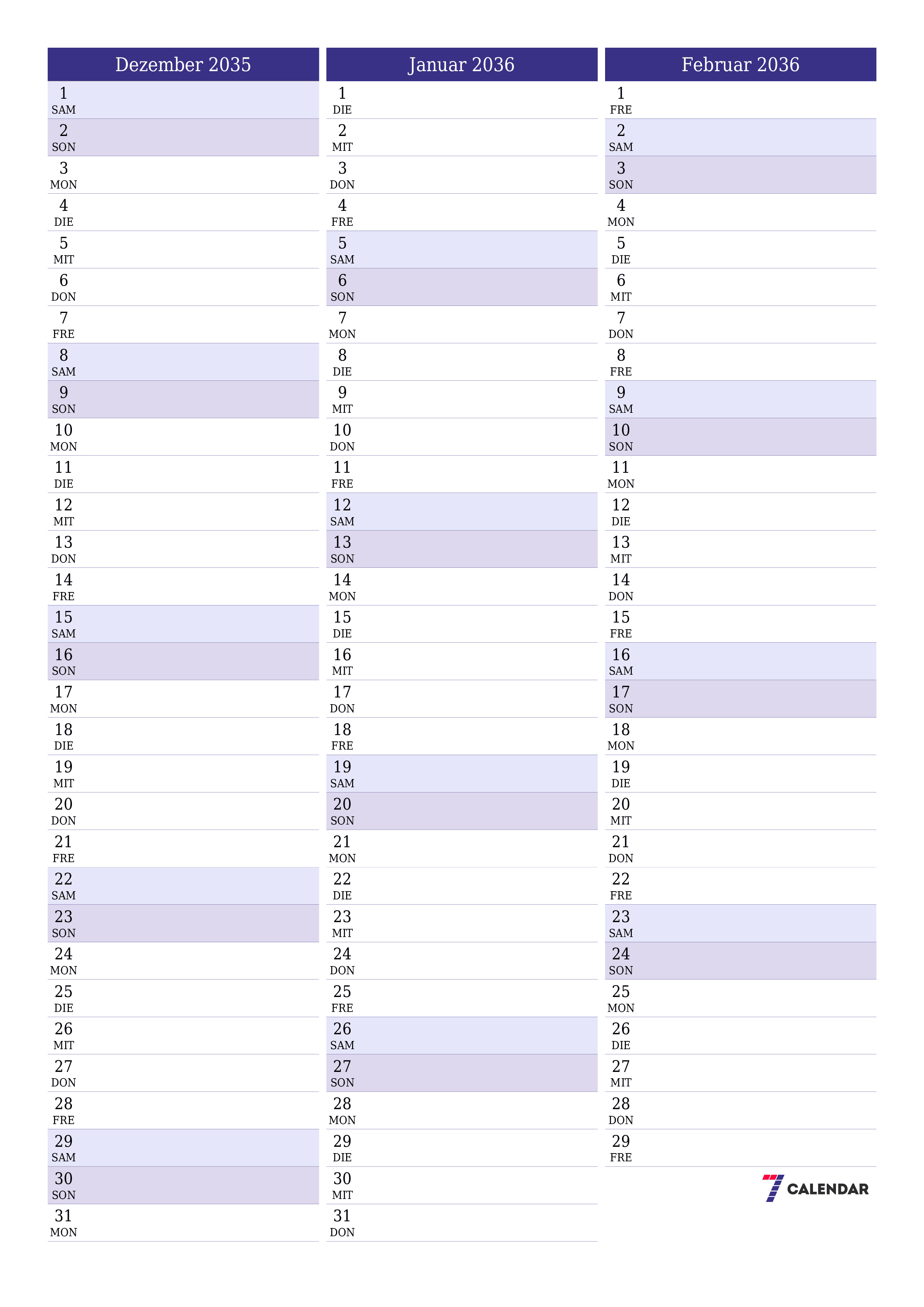  zum Ausdrucken Wandkalender vorlage kostenloser vertikal Monatlich Planer Kalender Dezember (Dez) 2035