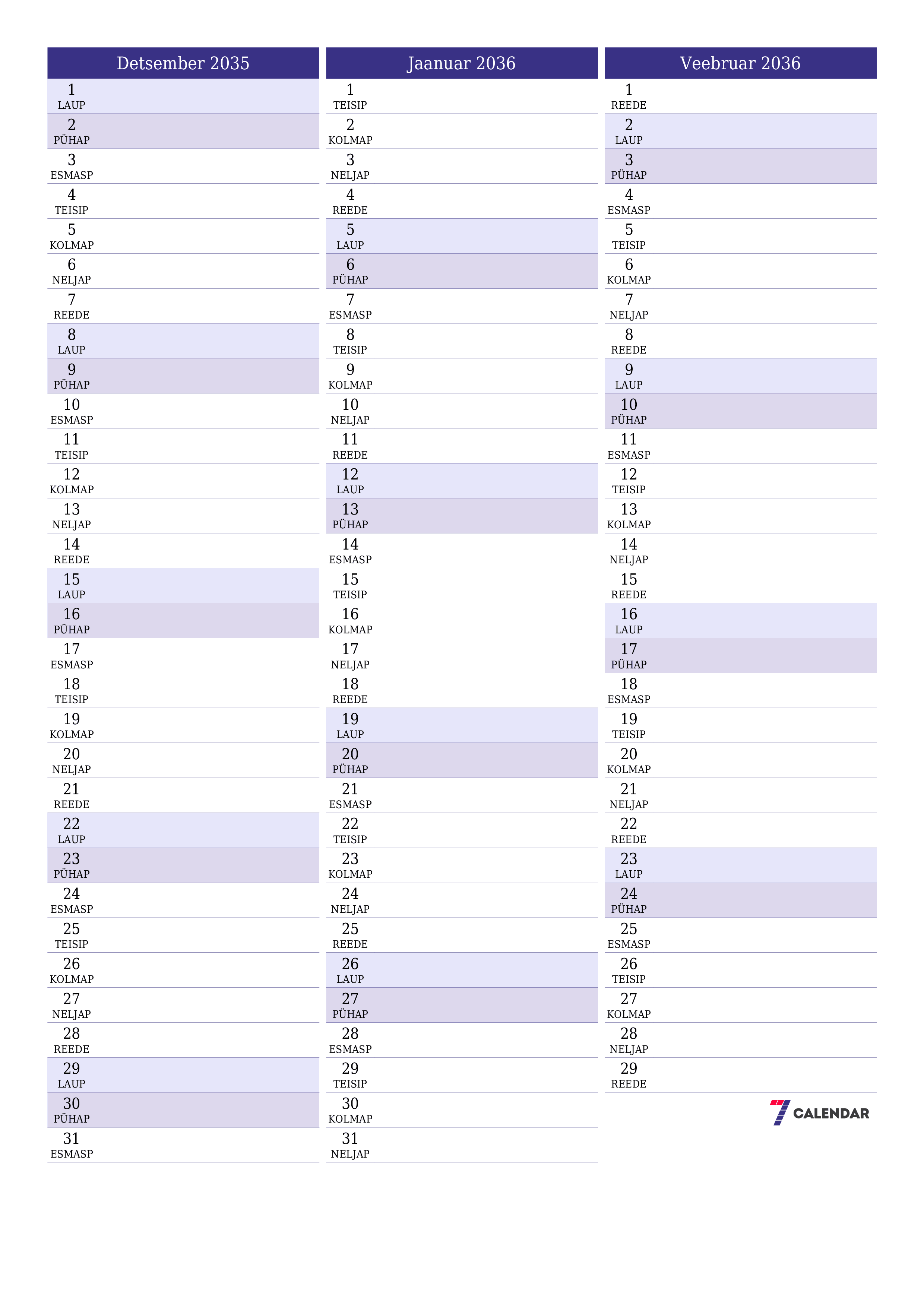 prinditav seina kalendri mall tasuta vertikaalne Igakuine planeerija kalender Detsember (Dets) 2035
