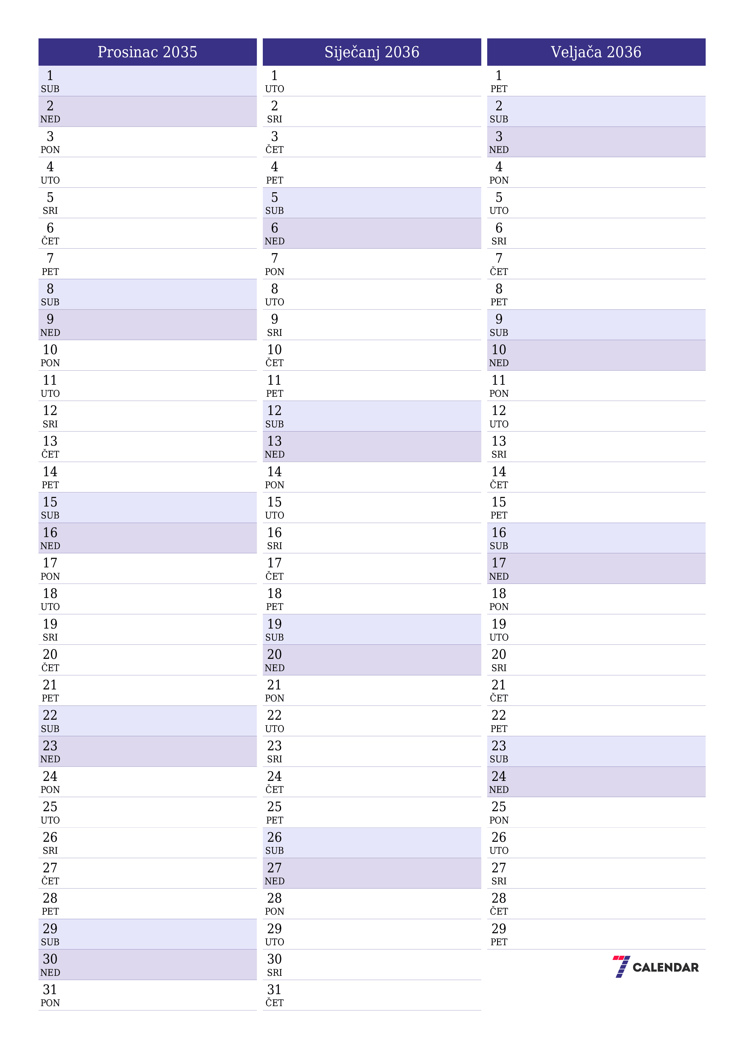  za ispis zidni predložak a besplatni okomito Mjesečni planer kalendar Prosinac (Pro) 2035