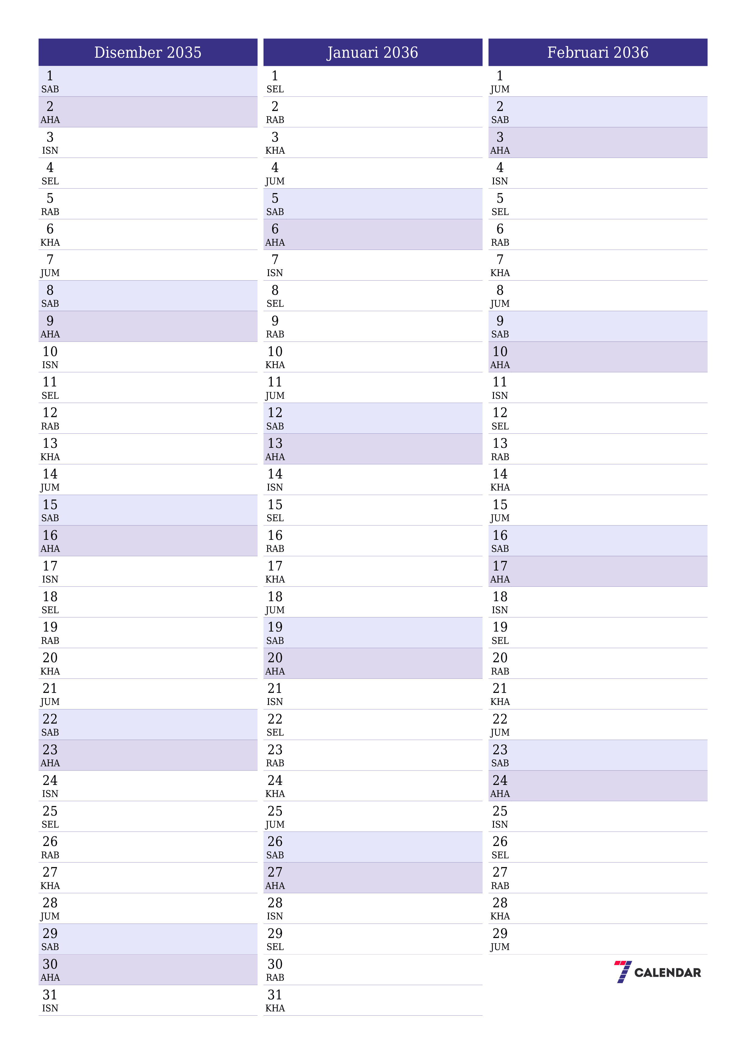  boleh cetak dinding templat percumamenegak Bulanan perancang kalendar Disember (Dis) 2035