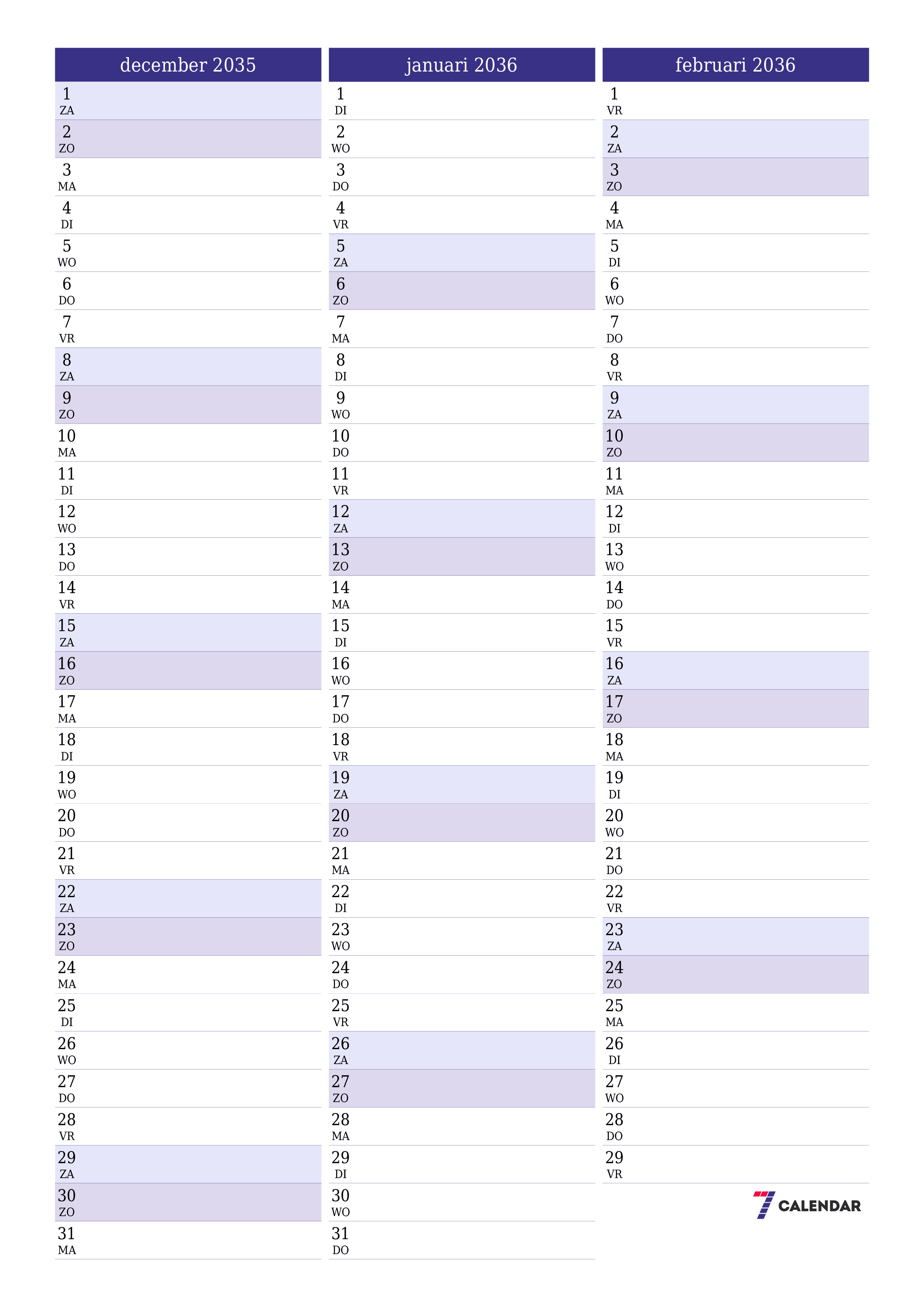 afdrukbare muur sjabloon gratis verticaal Maandelijks planner kalender december (dec) 2035