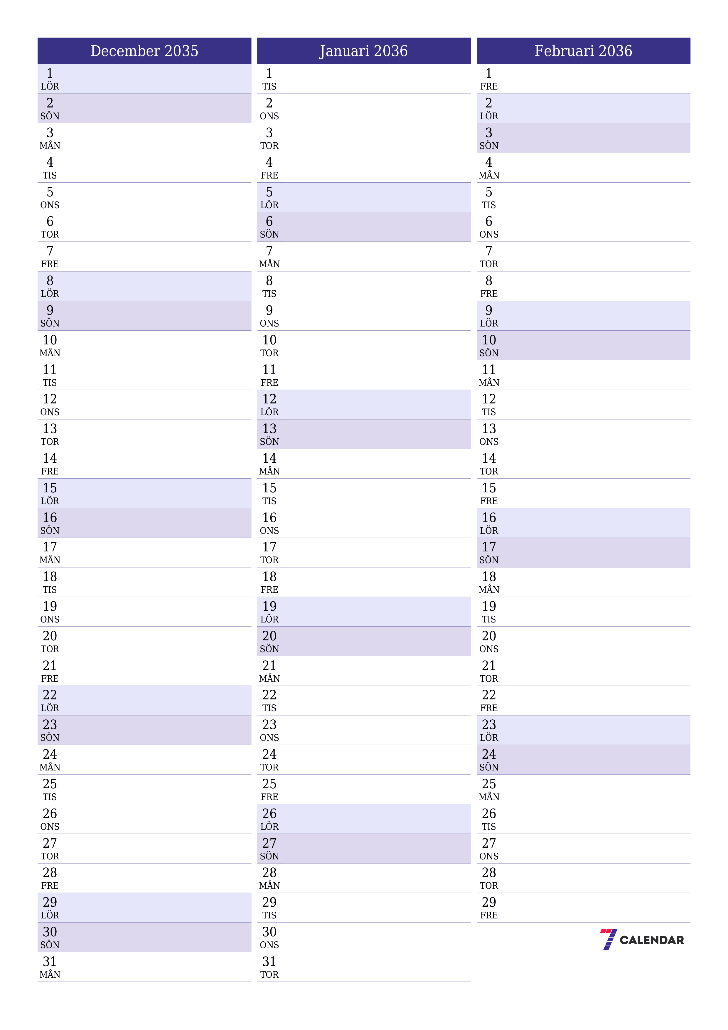 utskrivbar vägg mall gratis vertikal Månatlig planerare kalender December (Dec) 2035