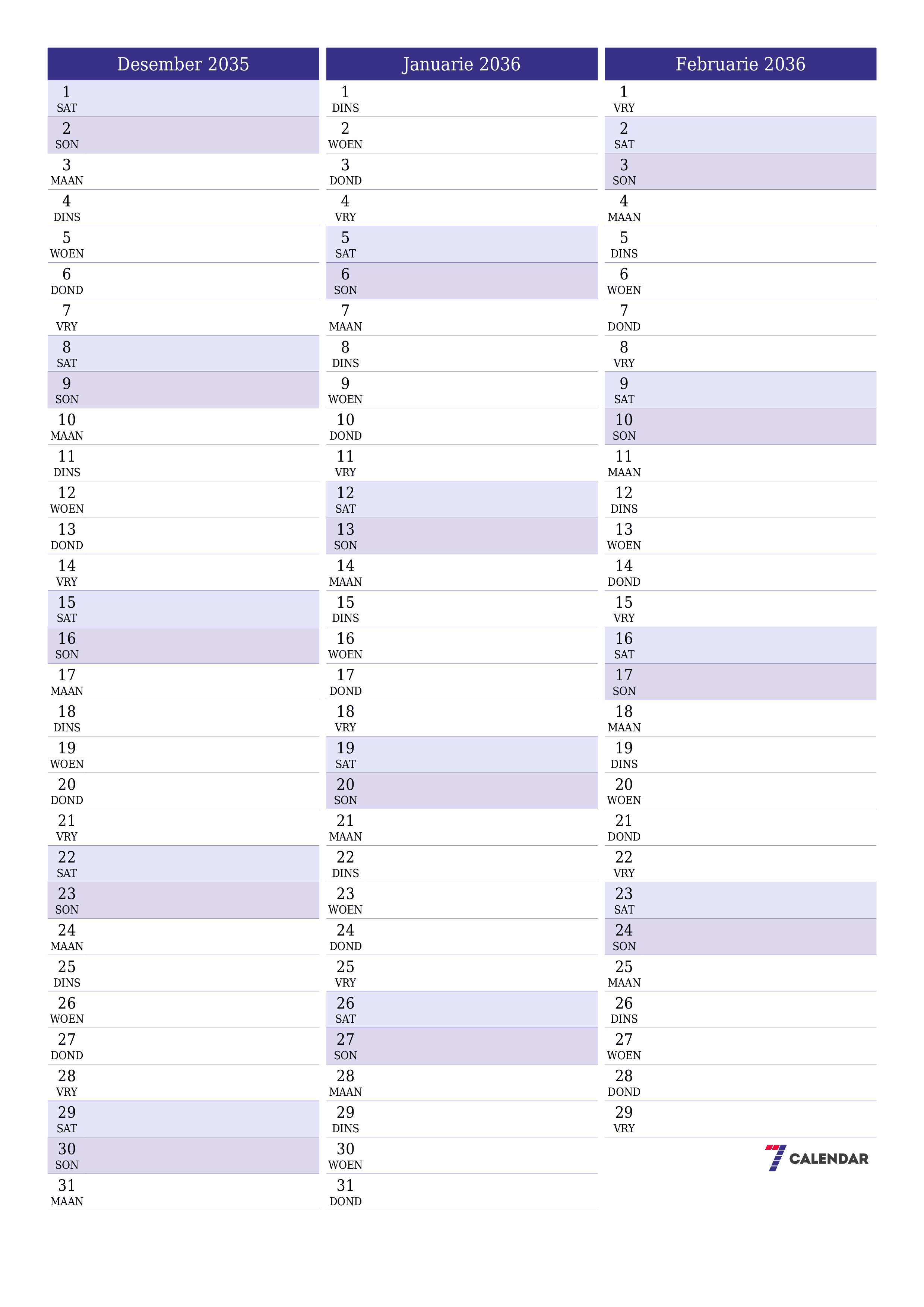 drukbare muur template gratis vertikaal Maandeliks beplanner kalender Desember (Des) 2035