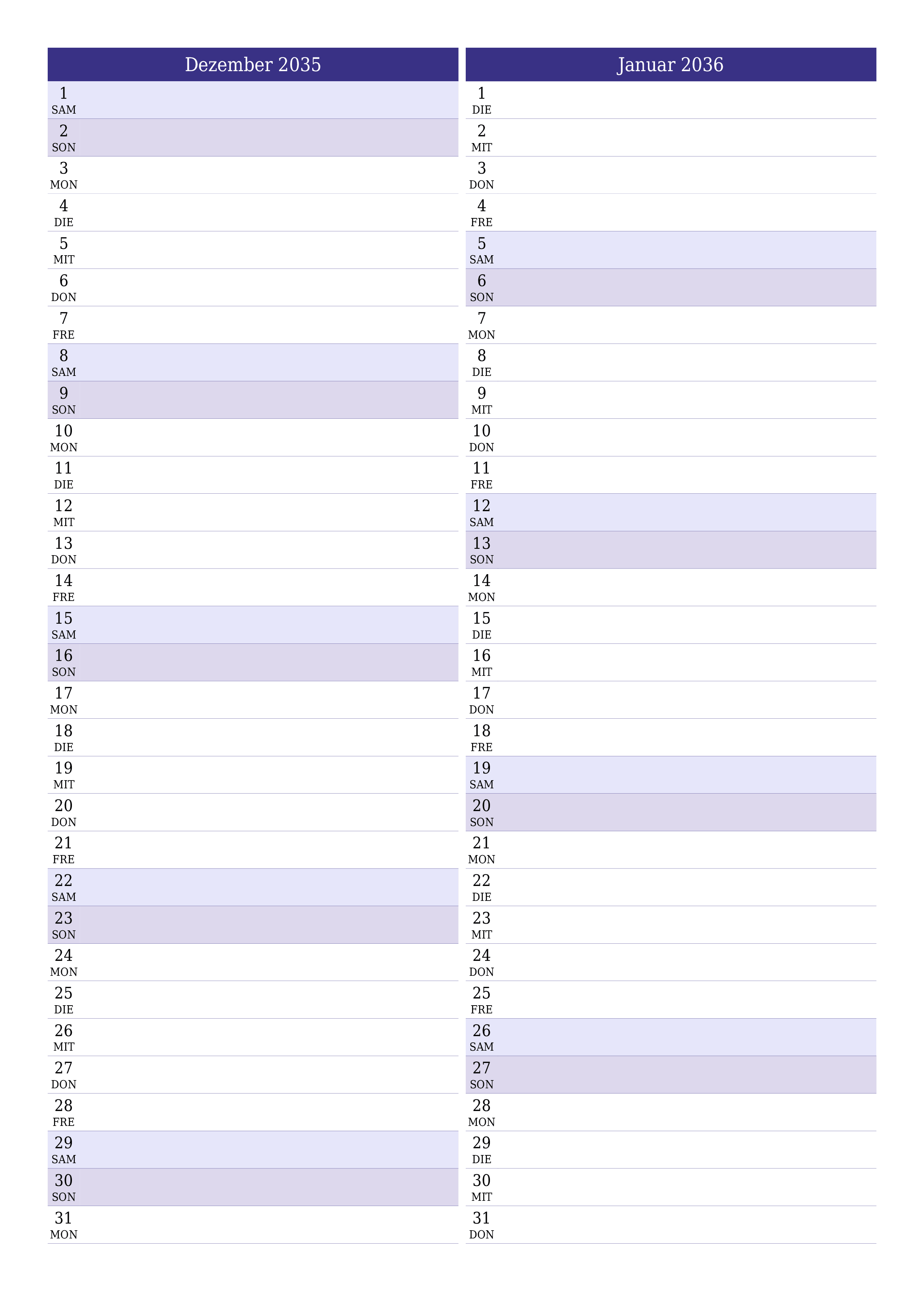  zum Ausdrucken Wandkalender vorlage kostenloser vertikal Monatlich Planer Kalender Dezember (Dez) 2035