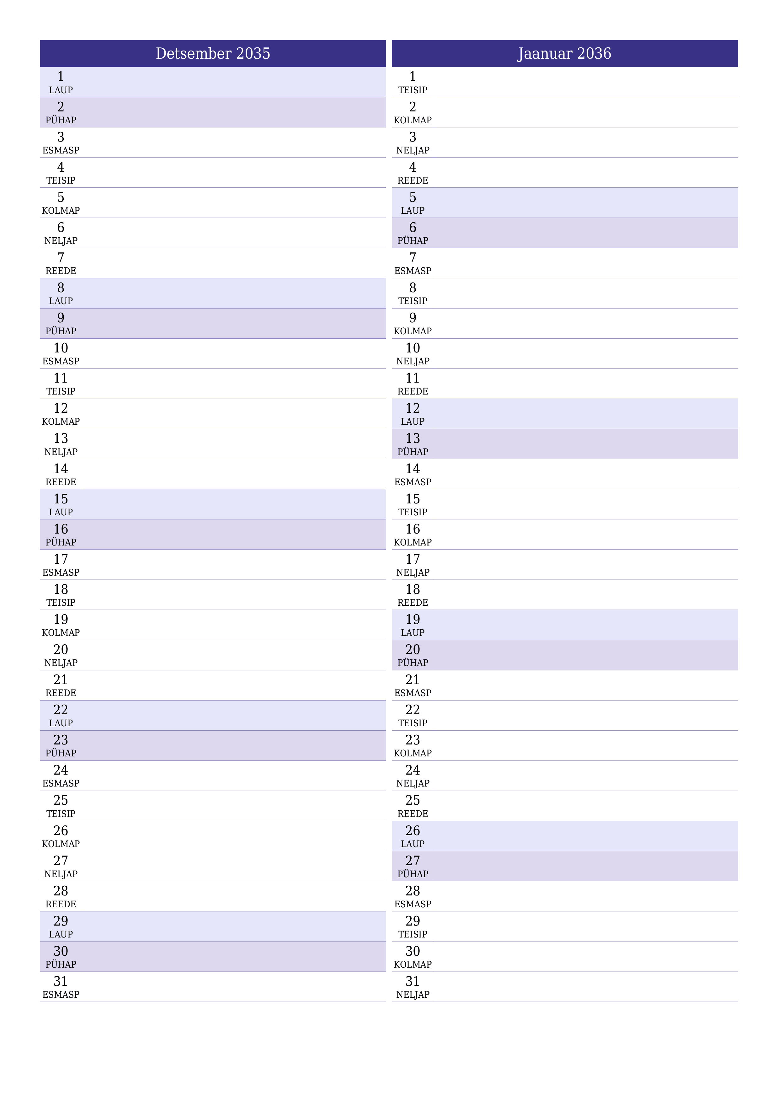 prinditav seina kalendri mall tasuta vertikaalne Igakuine planeerija kalender Detsember (Dets) 2035