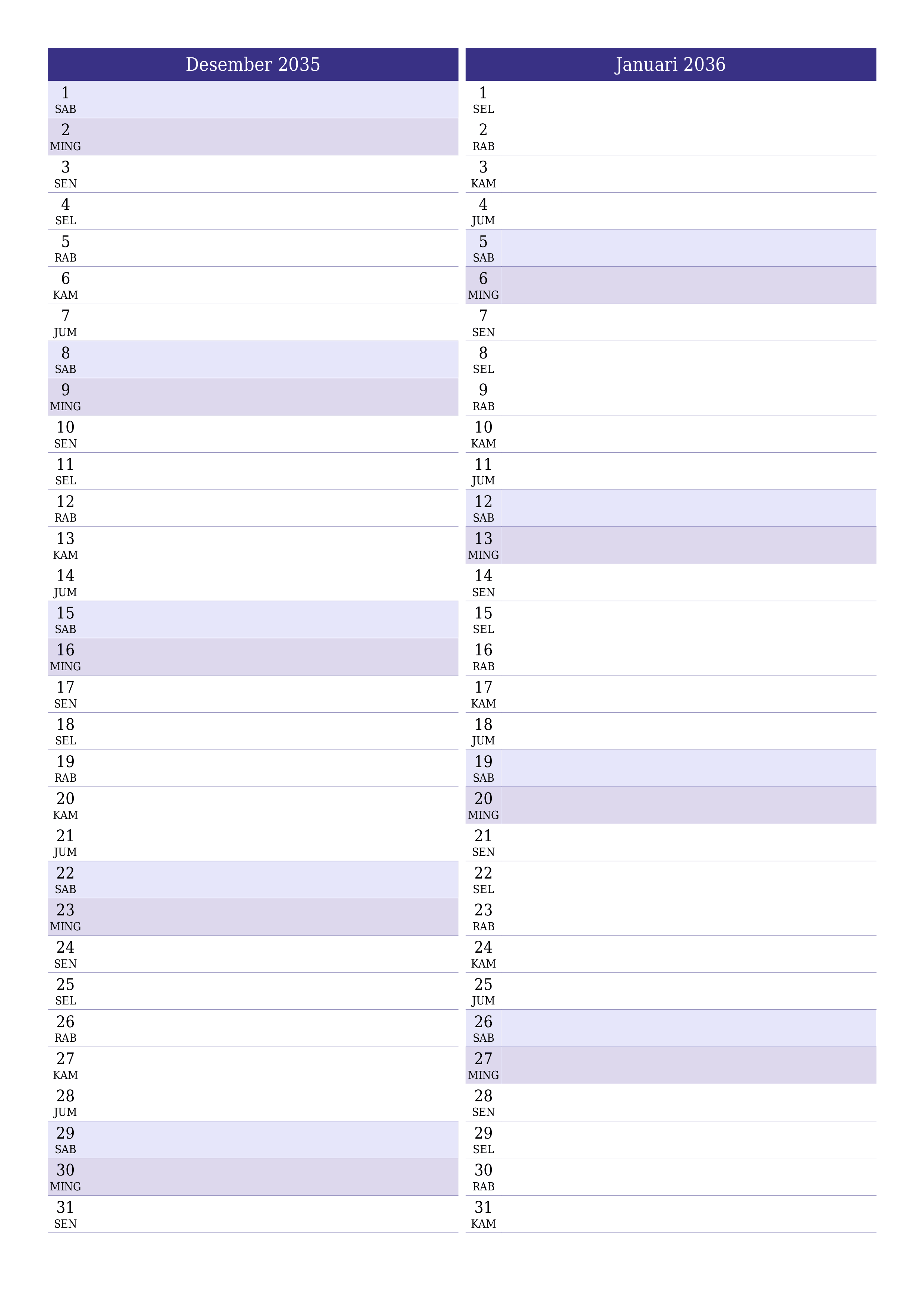  yang dapat dicetak dinding templat gratisvertikal Bulanan perencana kalender Desember (Des) 2035