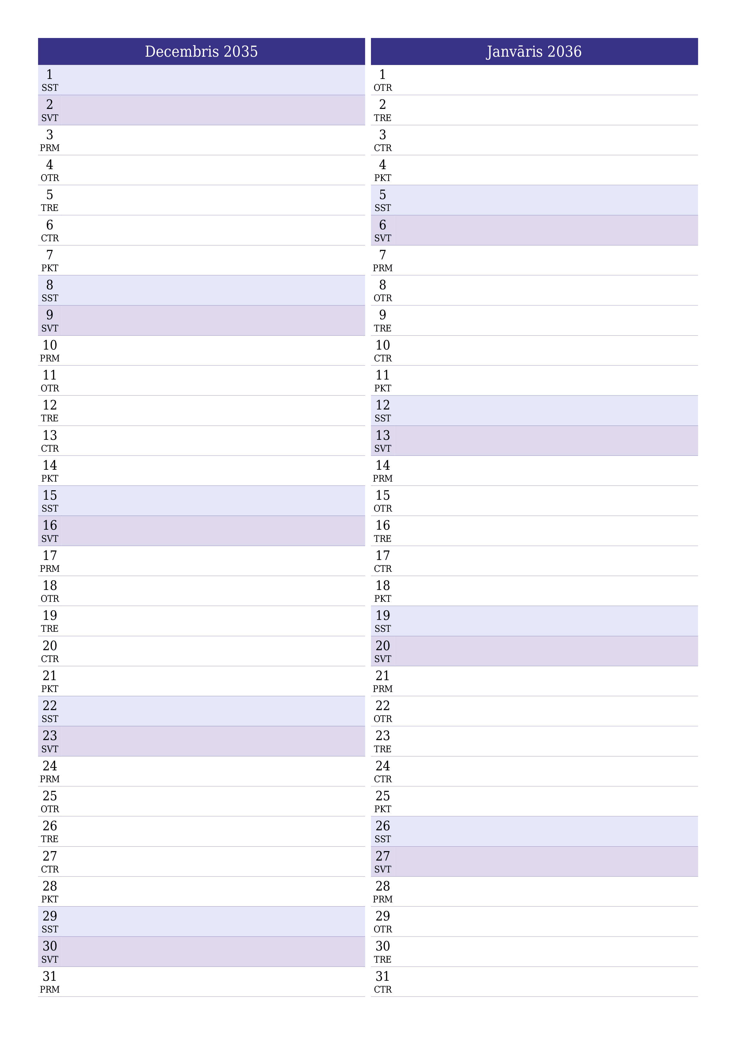 izdrukājams sienas kalendāra veidne bezmaksas vertikāli Mēneša plānotājs kalendārs Decembris (Dec) 2035