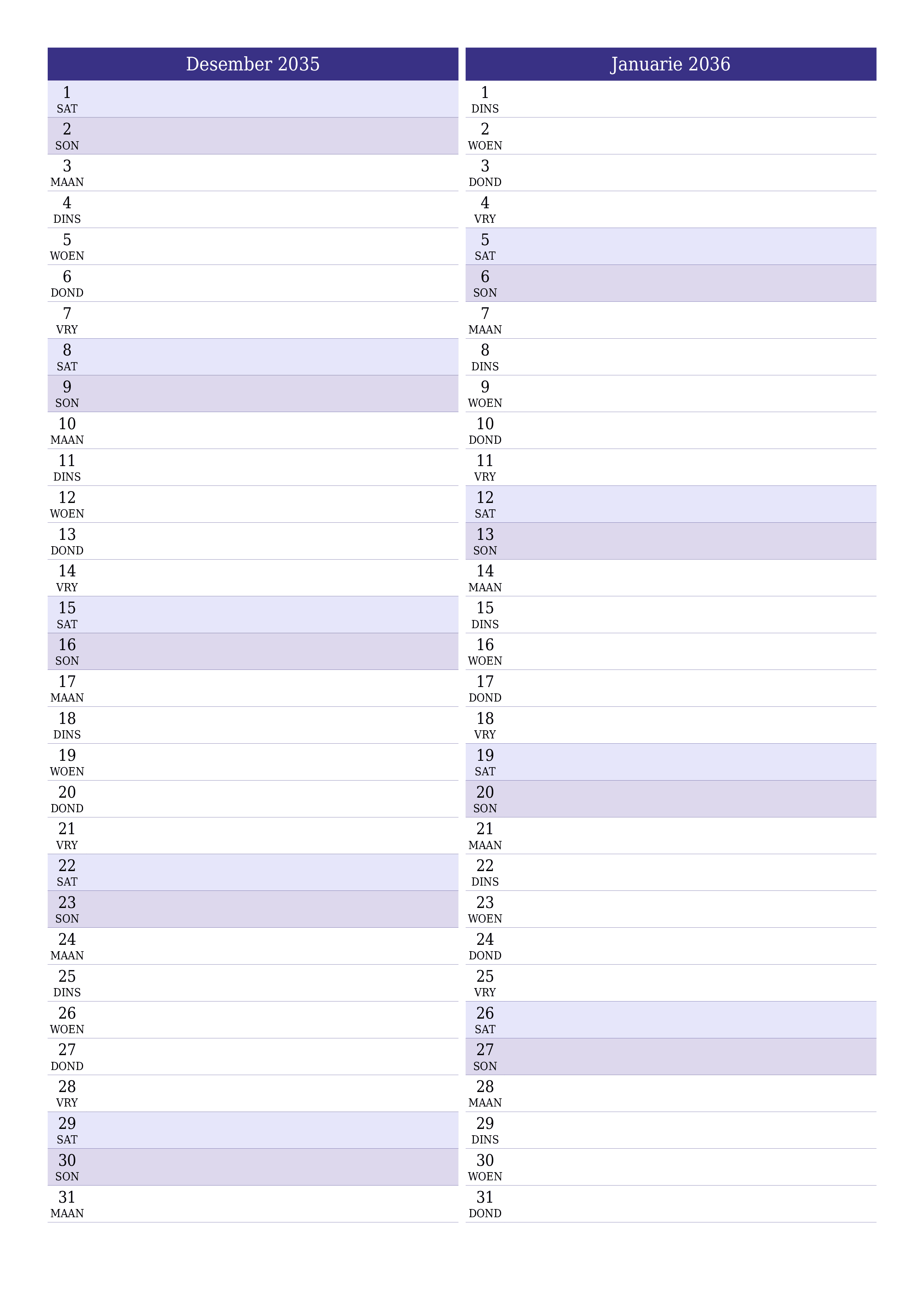 drukbare muur template gratis vertikaal Maandeliks beplanner kalender Desember (Des) 2035