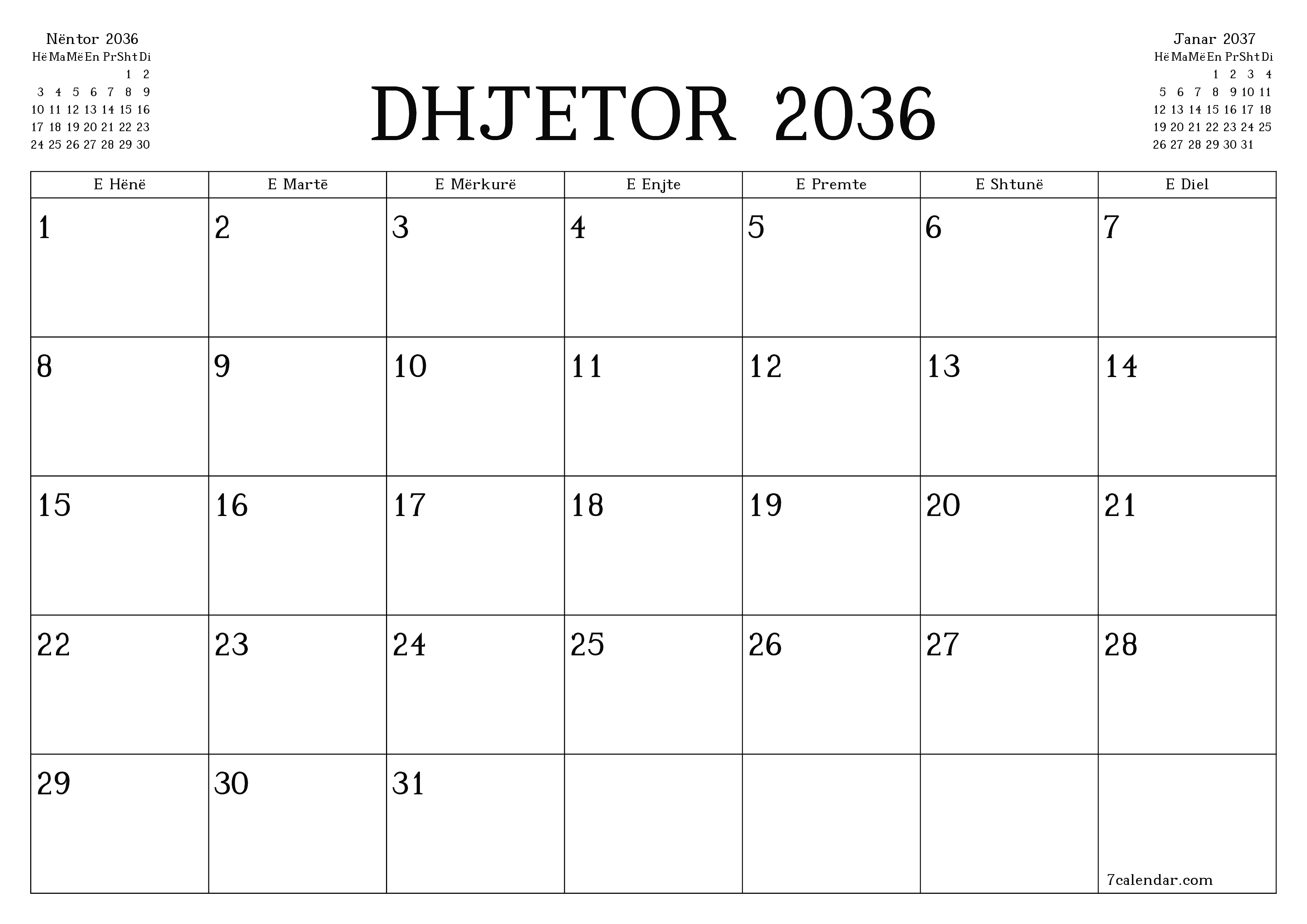 Planifikuesi i zbrazët i kalendarit mujor për muajin Dhjetor 2036 me shënime të ruajtura dhe të printuara në PDF PNG Albanian