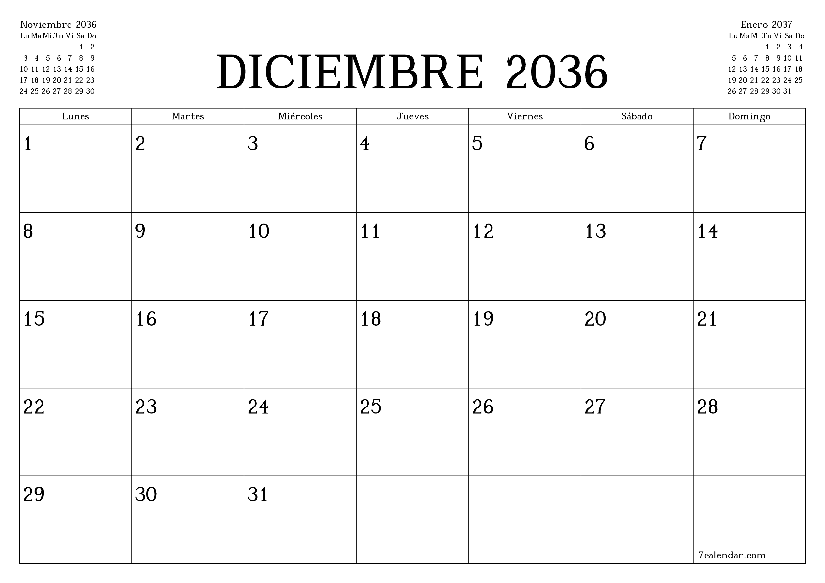 Planificador mensual vacío para el mes Diciembre 2036 con notas, guardar e imprimir en PDF PNG Spanish