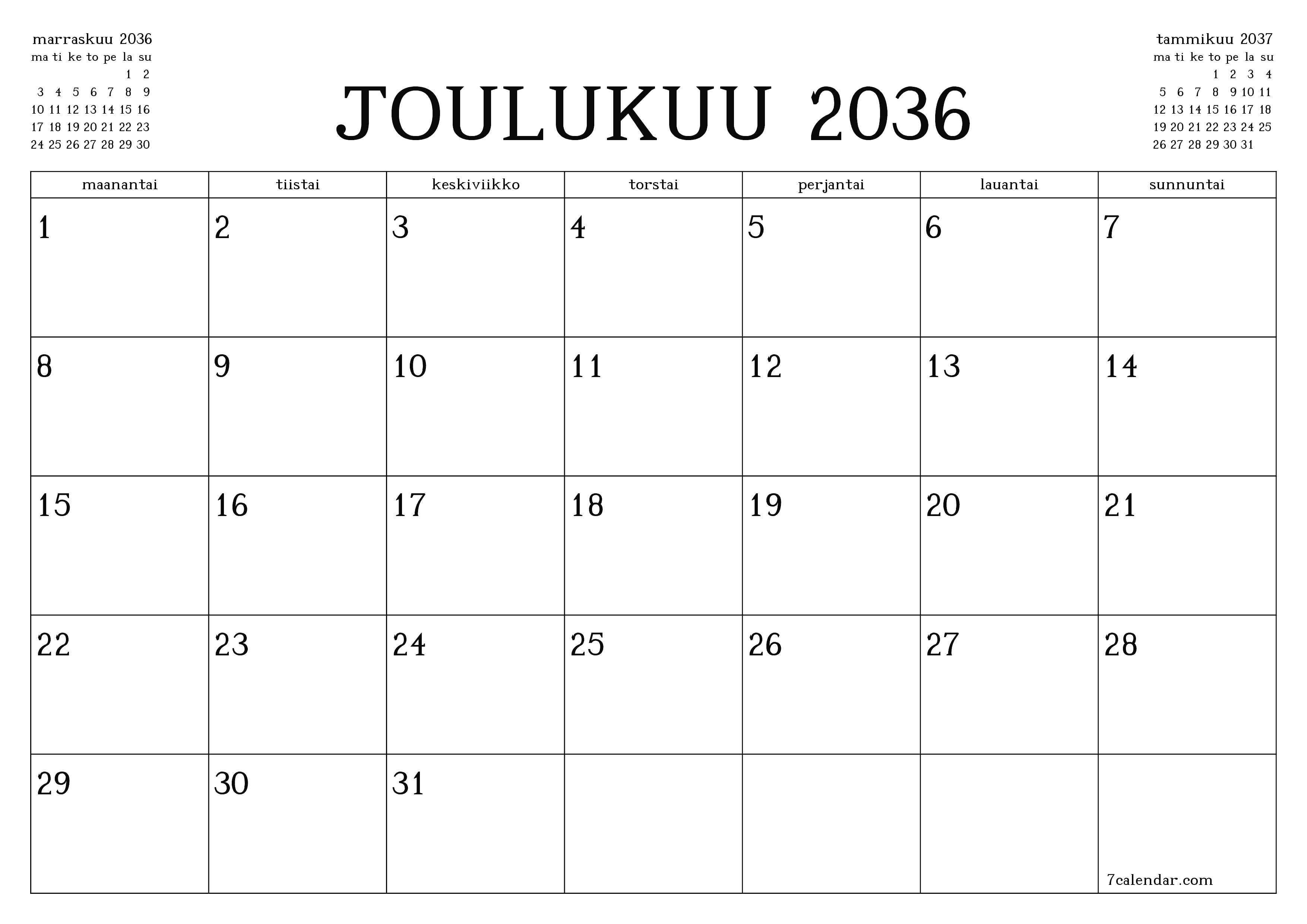 Tyhjennä kuukausittainen suunnittelija kuukaudelle Joulukuu 2036 muistiinpanoilla, tallenna ja tulosta PDF-muotoon PNG Finnish
