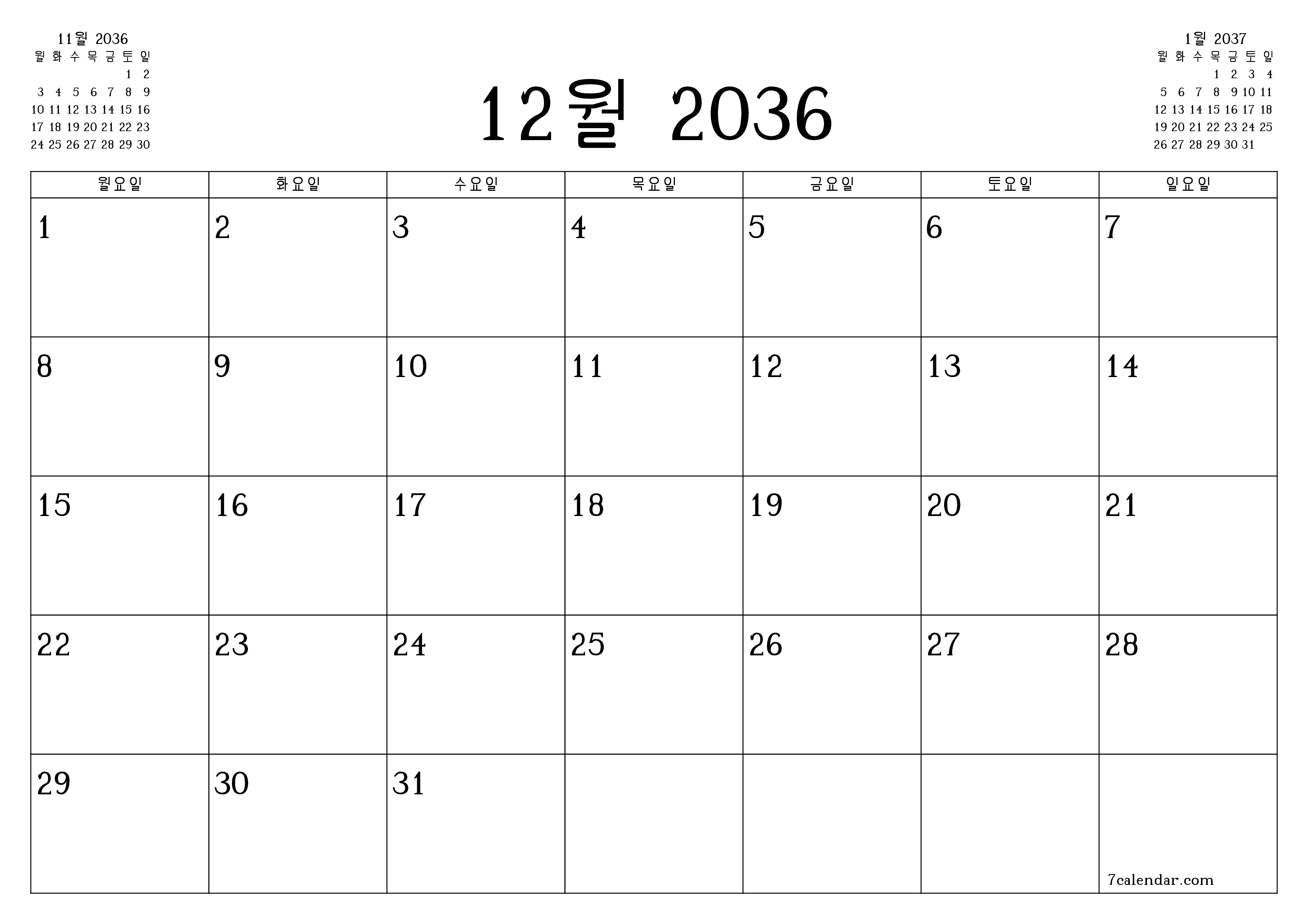 메모가있는 12월 2036 월의 월간 플래너 비우기, PDF PNG Korean-7calendar.com으로 저장 및 인쇄
