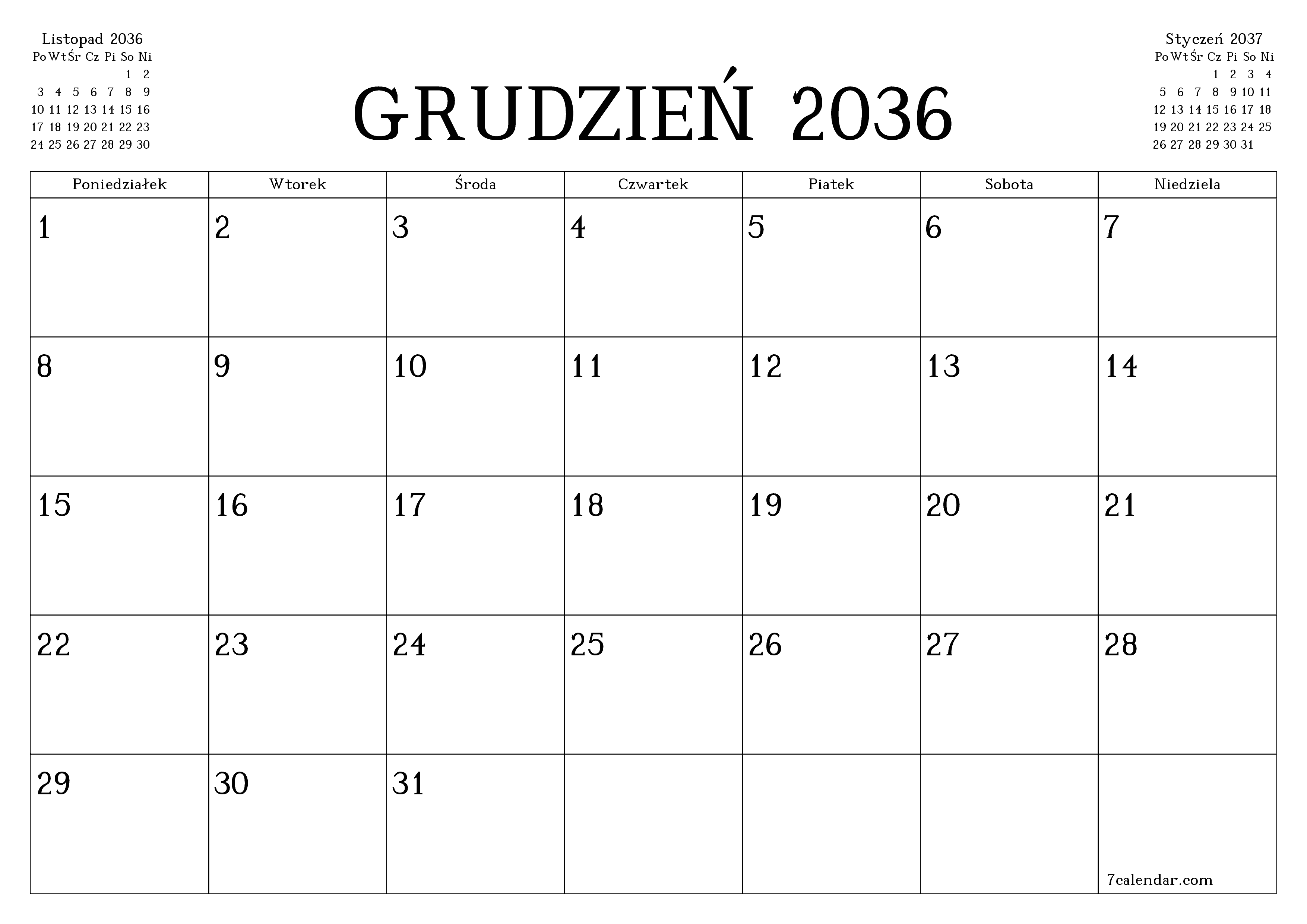 Opróżnij miesięczny planer na miesiąc Grudzień 2036 z notatkami, zapisz i wydrukuj w formacie PDF PNG Polish