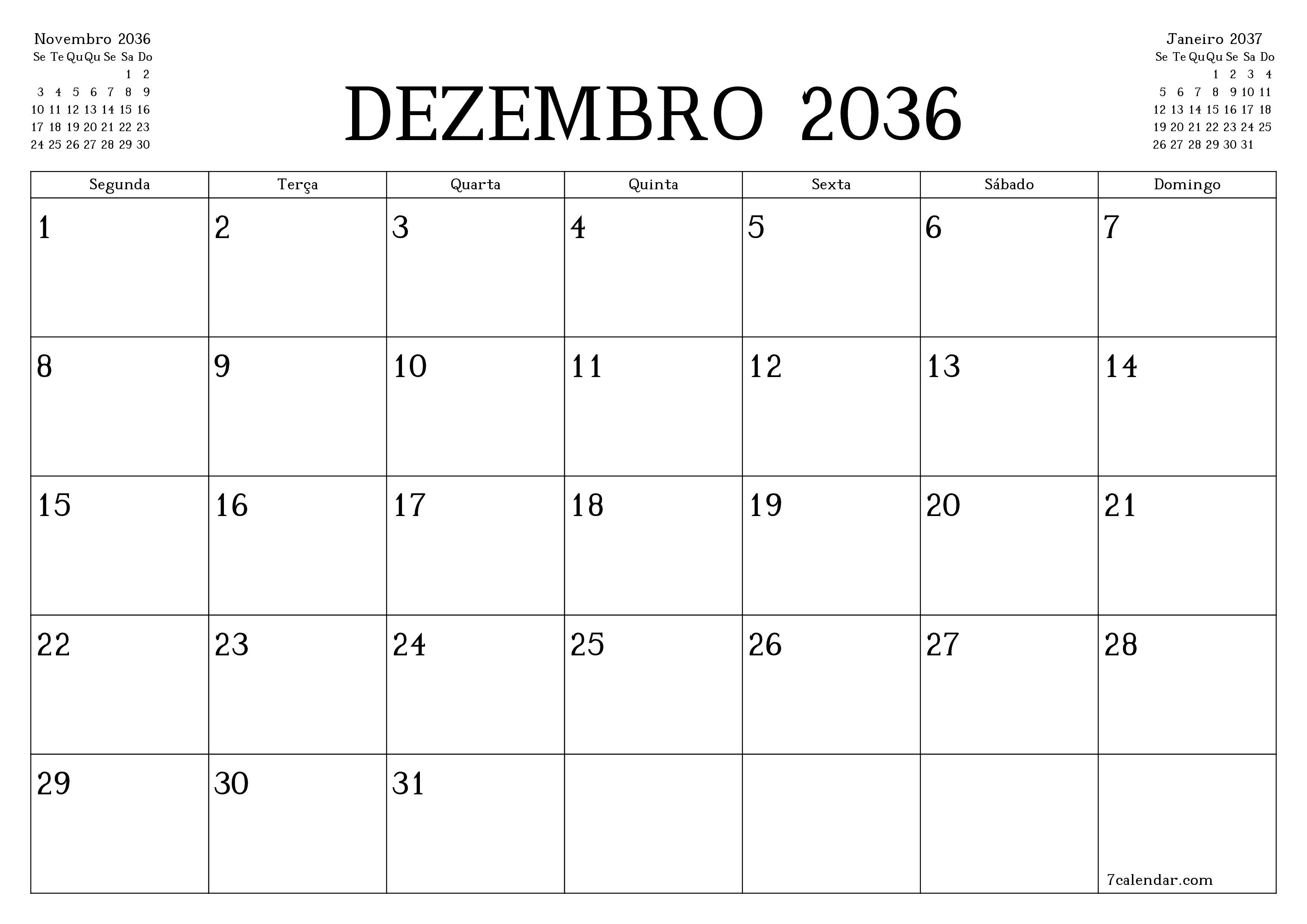 Esvazie o planejador mensal para o mês Dezembro 2036 com notas, salve e imprima em PDF PNG Portuguese