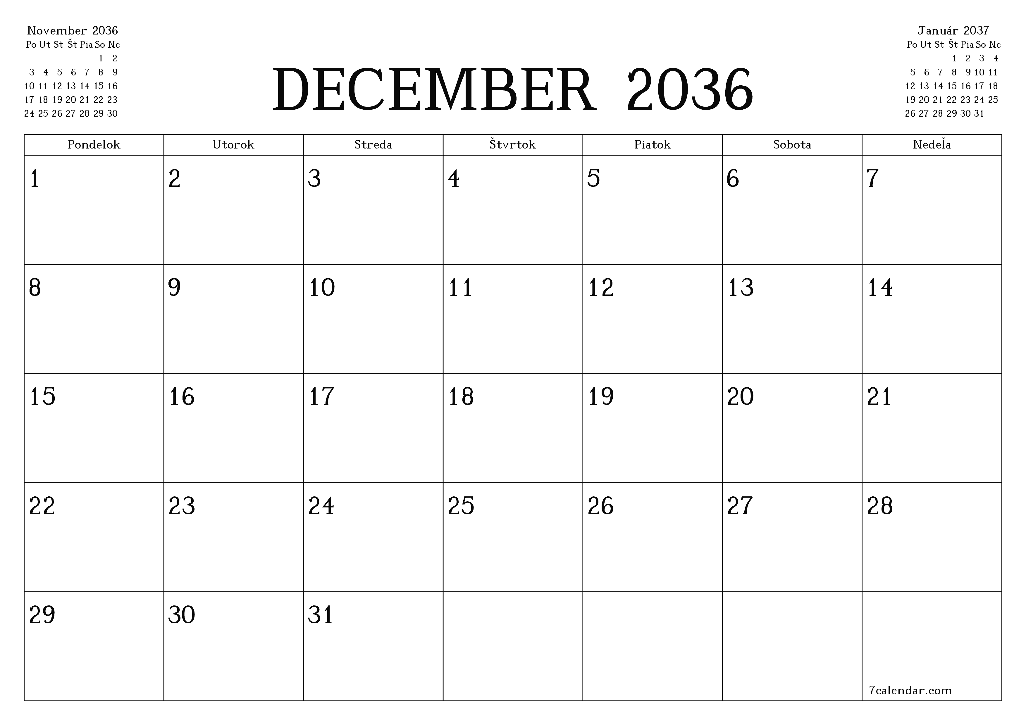 Prázdny mesačný plánovač na mesiac December 2036 s poznámkami, uloženie a tlač do PDF PNG Slovak