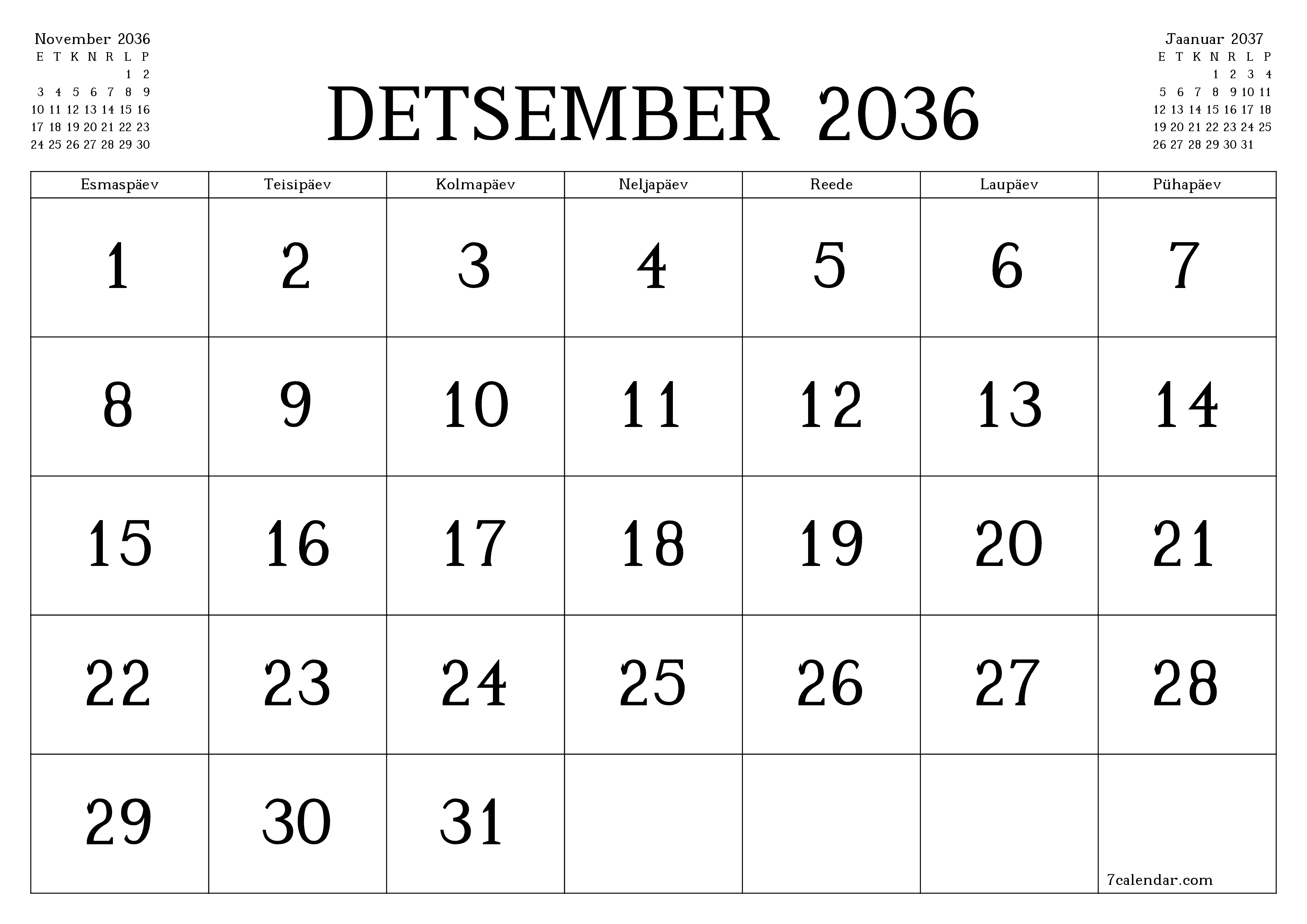 Tühjendage kuu Detsember 2036 kuuplaneerija märkmetega, salvestage ja printige PDF-i PNG Estonian