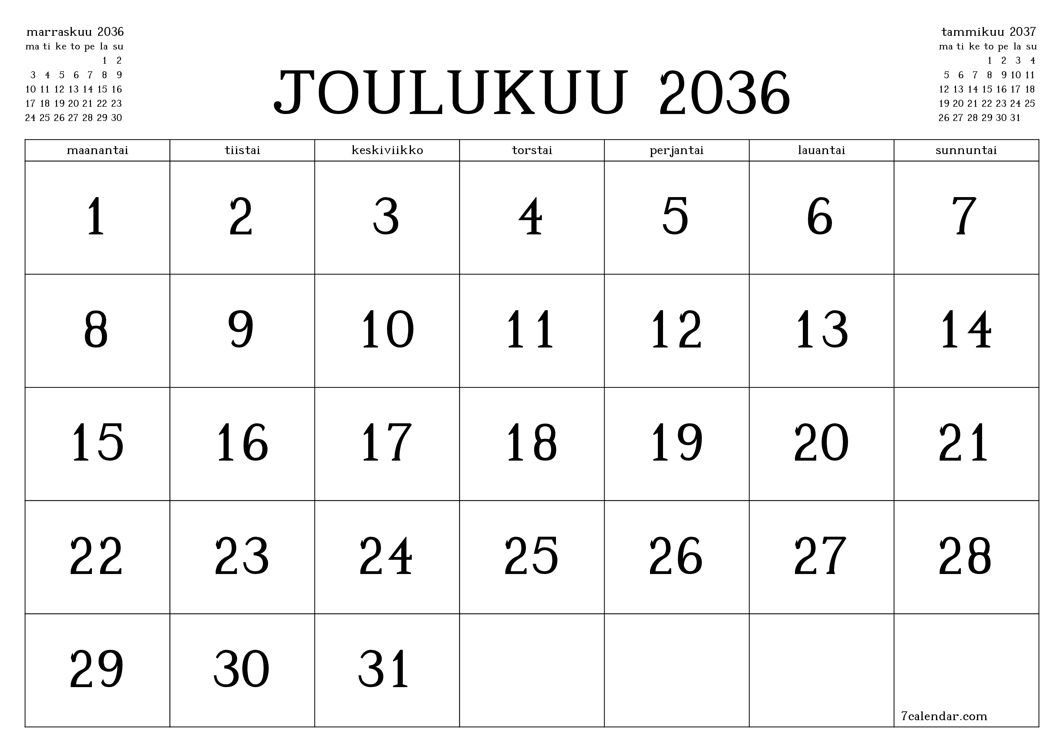 Tyhjennä kuukausittainen suunnittelija kuukaudelle Joulukuu 2036 muistiinpanoilla, tallenna ja tulosta PDF-muotoon PNG Finnish