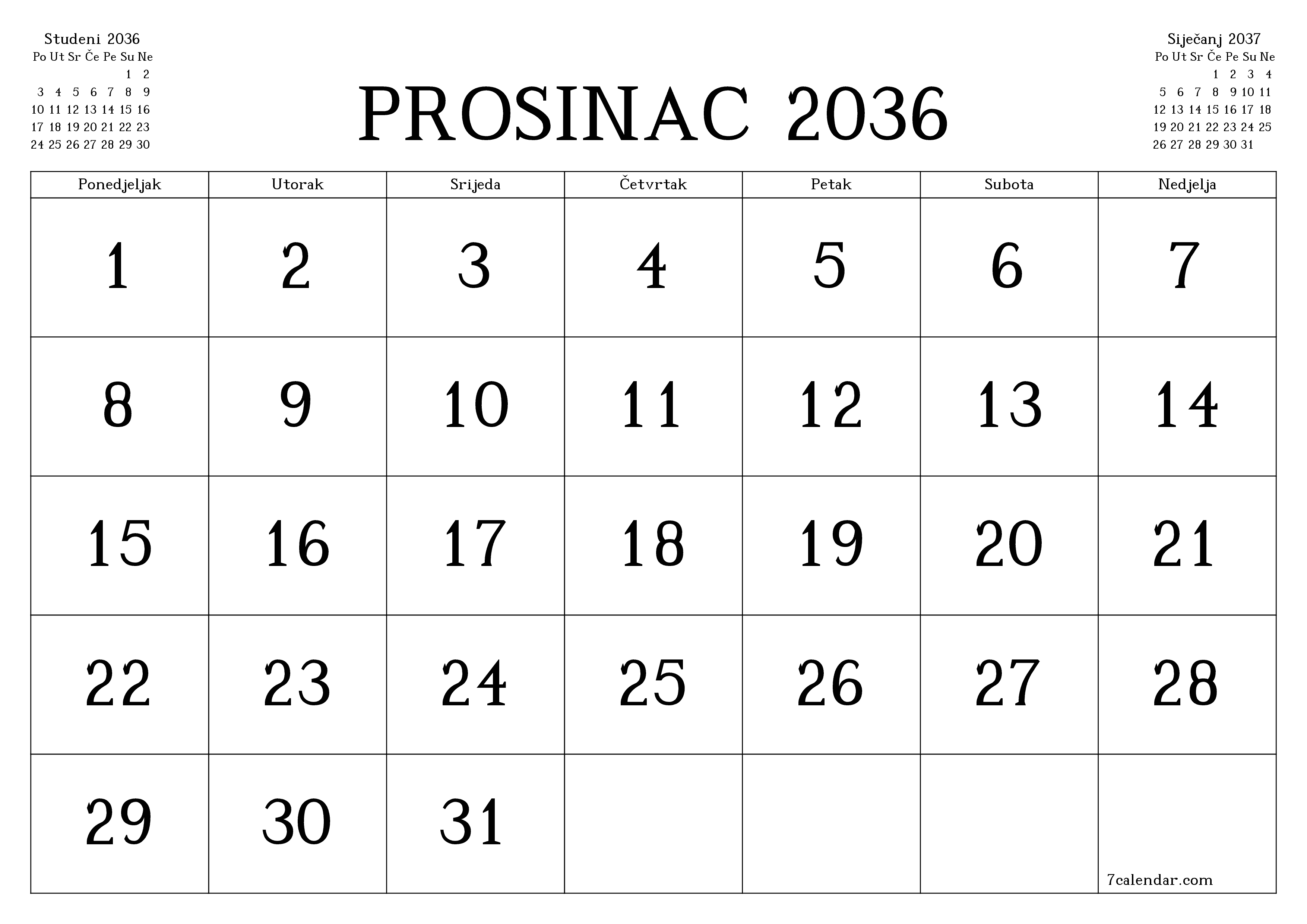 Ispraznite mjesečni planer za mjesec Prosinac 2036 s bilješkama, spremite i ispišite u PDF PNG Croatian