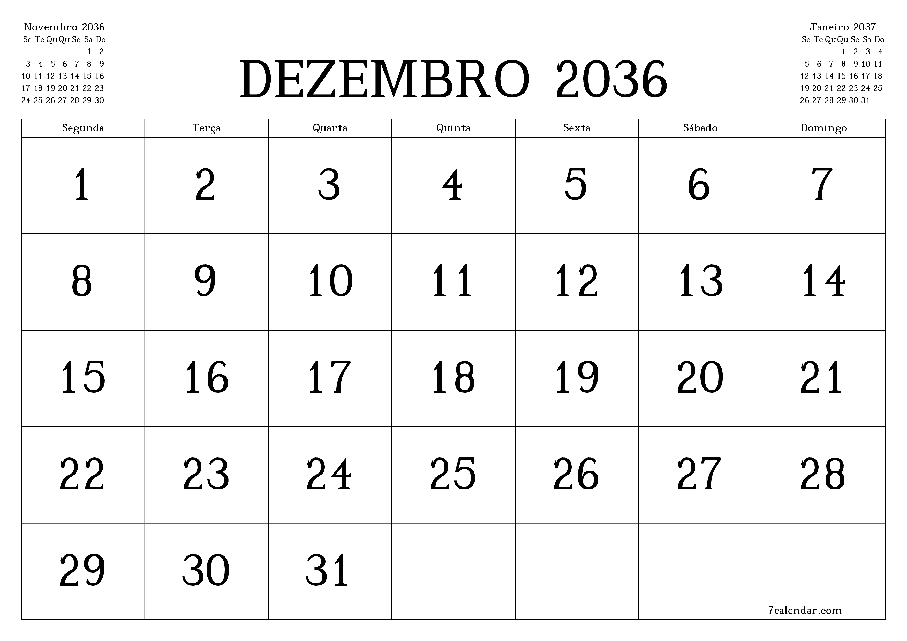 Esvazie o planejador mensal para o mês Dezembro 2036 com notas, salve e imprima em PDF PNG Portuguese