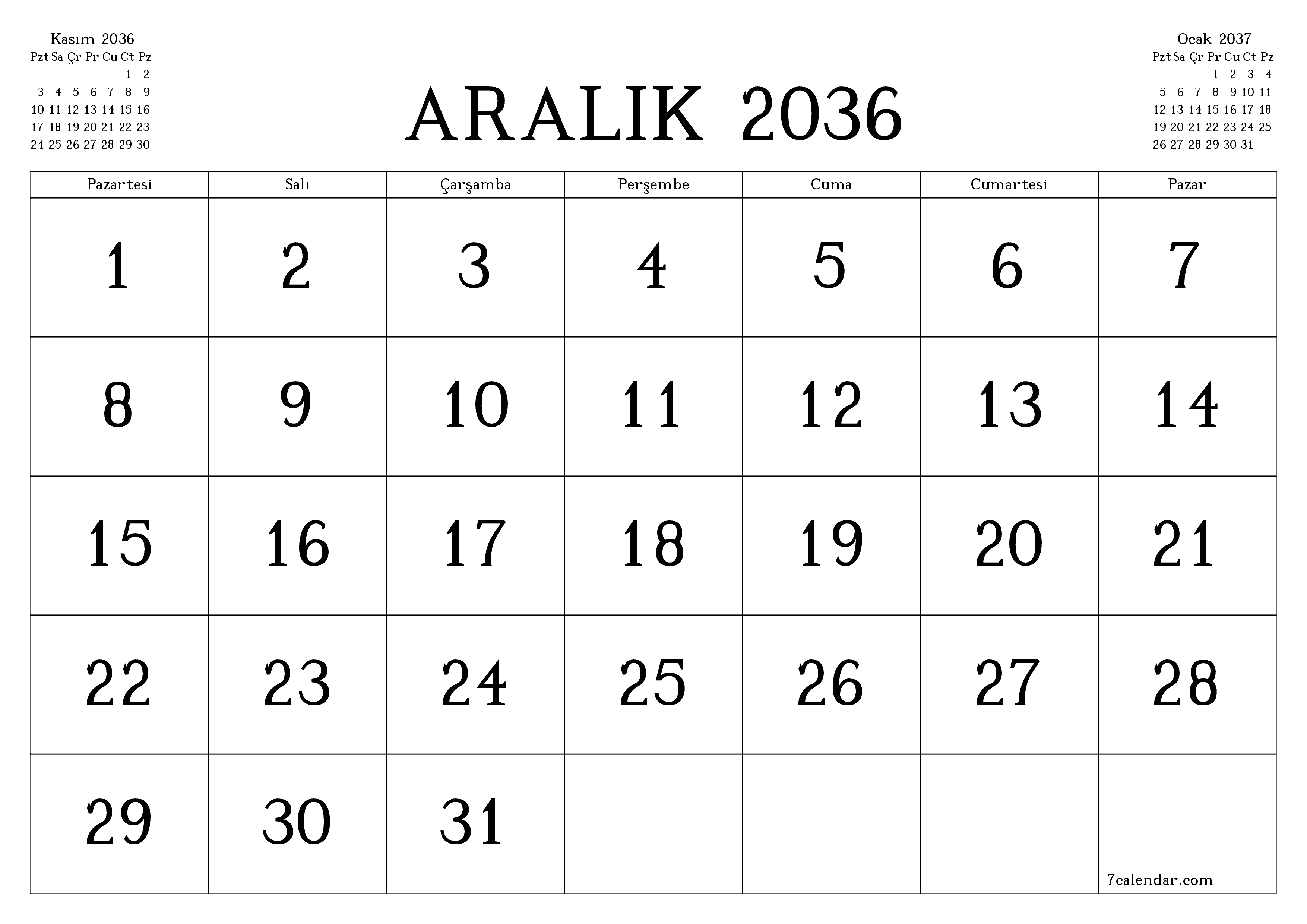 Aralık 2036 ayı için notlarla birlikte boş aylık planlayıcı, kaydedin ve PDF'ye yazdırın PNG Turkish