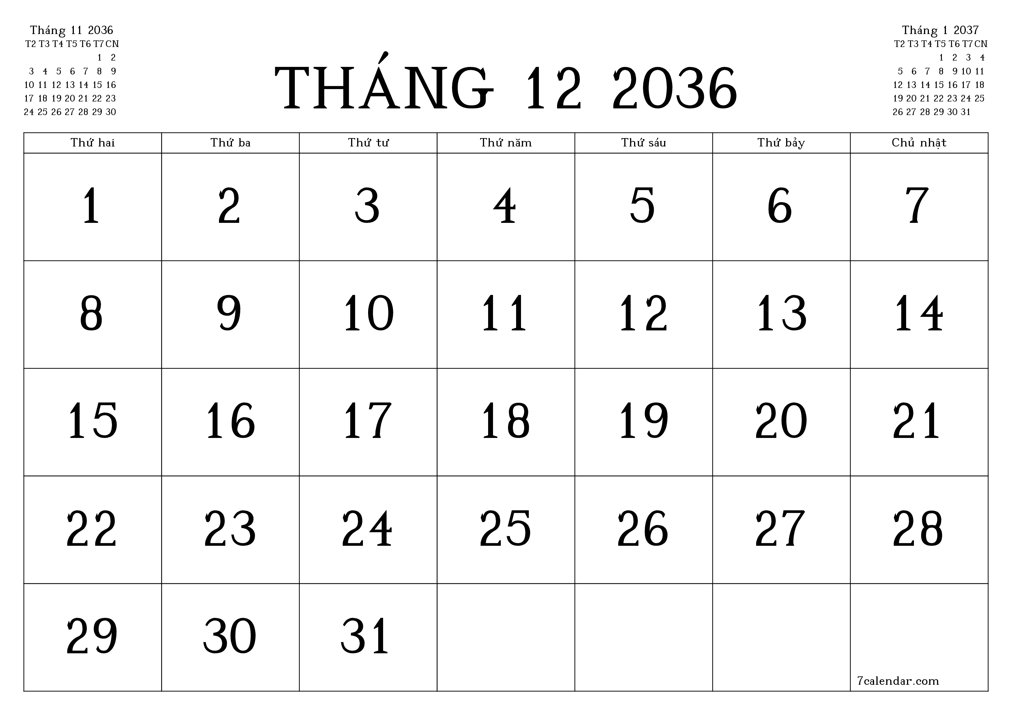 Công cụ lập kế hoạch hàng tháng trống cho tháng Tháng 12 2036 có ghi chú, lưu và in sang PDF PNG Vietnamese