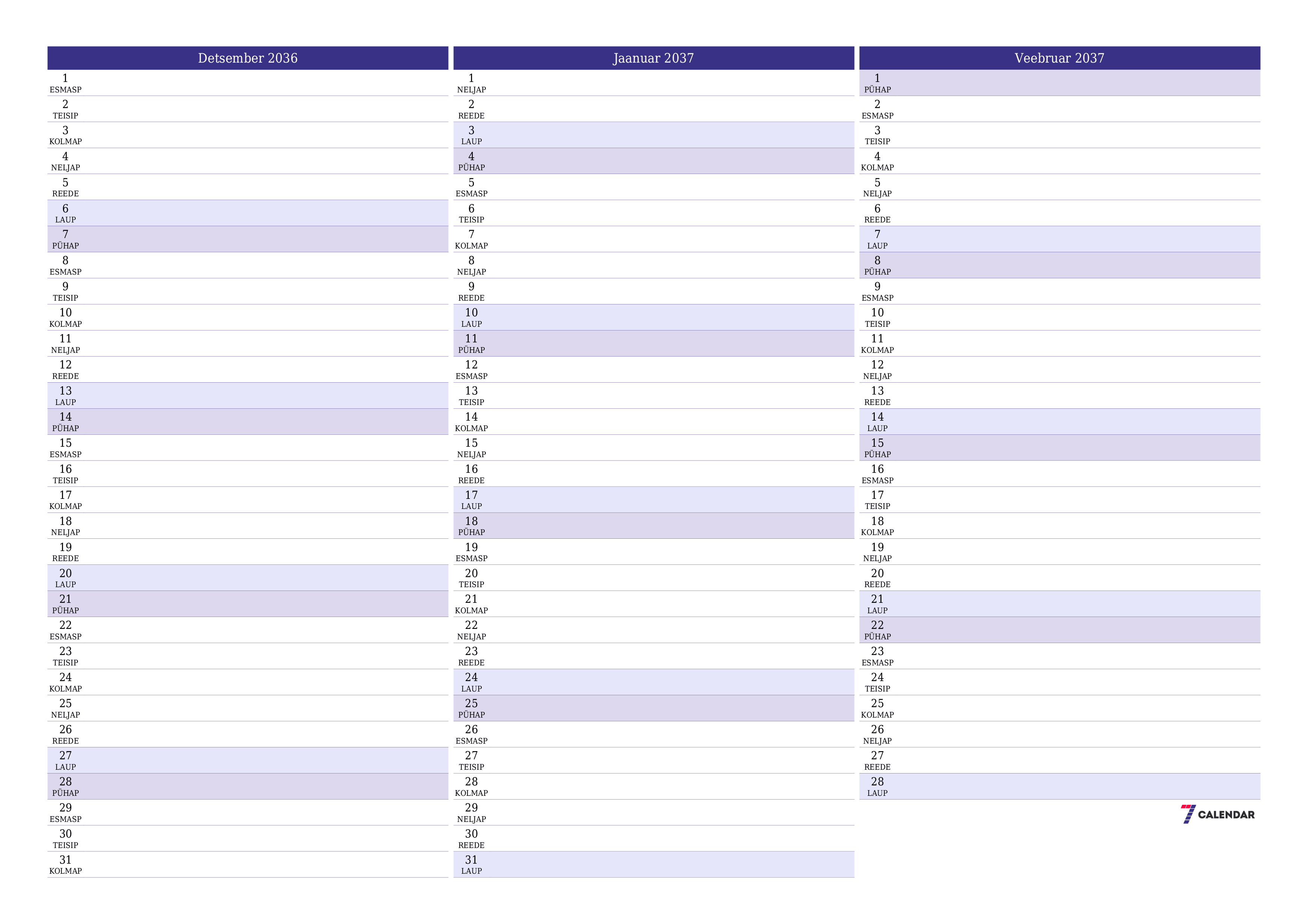 Tühjendage kuu Detsember 2036 kuuplaneerija märkmetega, salvestage ja printige PDF-i PNG Estonian