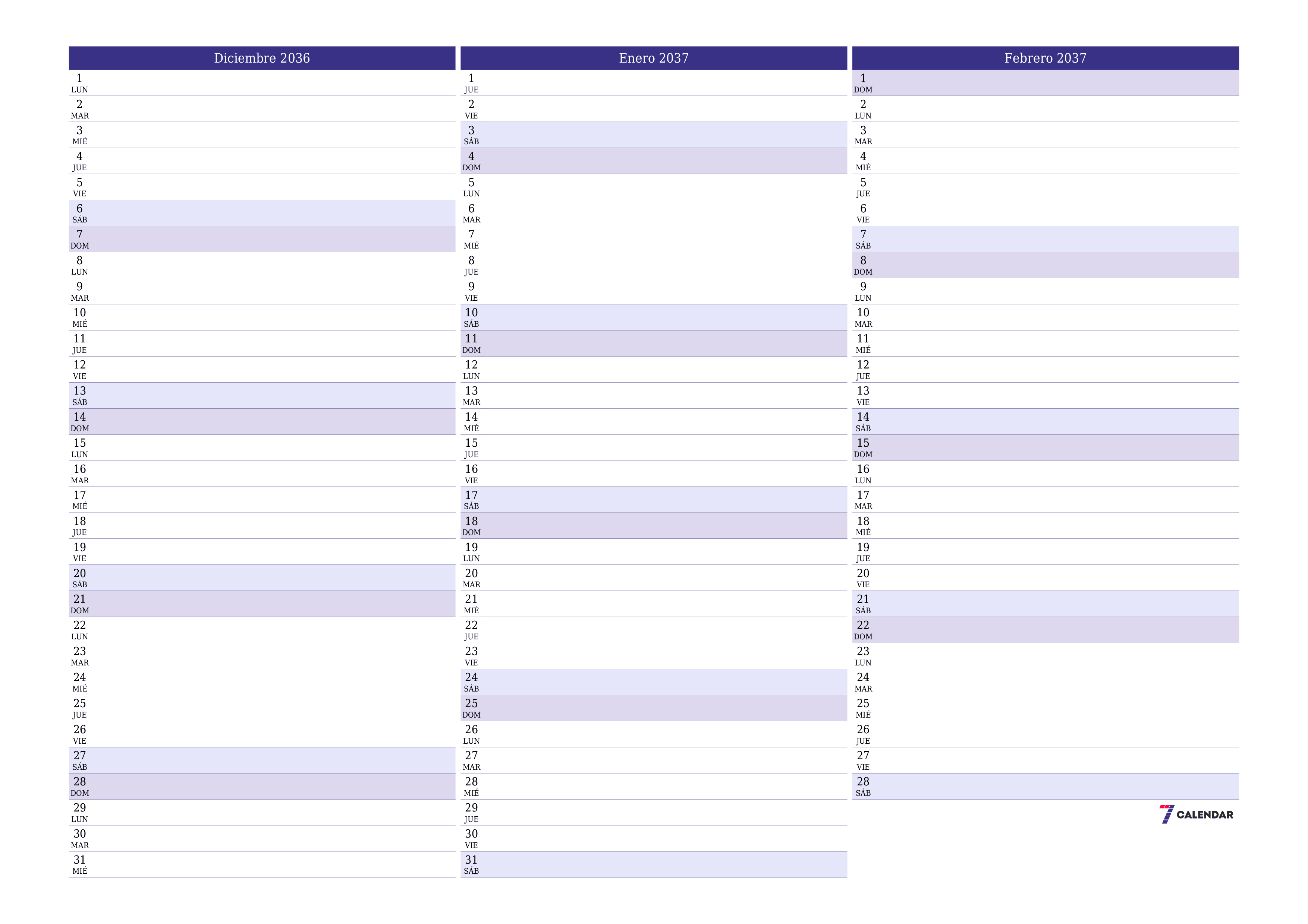 Planificador mensual vacío para el mes Diciembre 2036 con notas, guardar e imprimir en PDF PNG Spanish